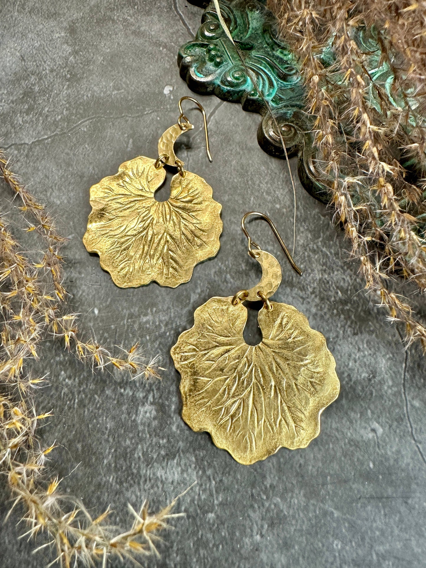 Lily Moon Earrings- Handmade Beaten Brass