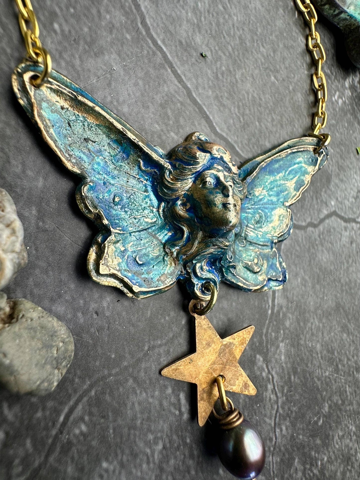 Butterfly Goddess Necklace, Art Nouveau Brass Patina Pendant