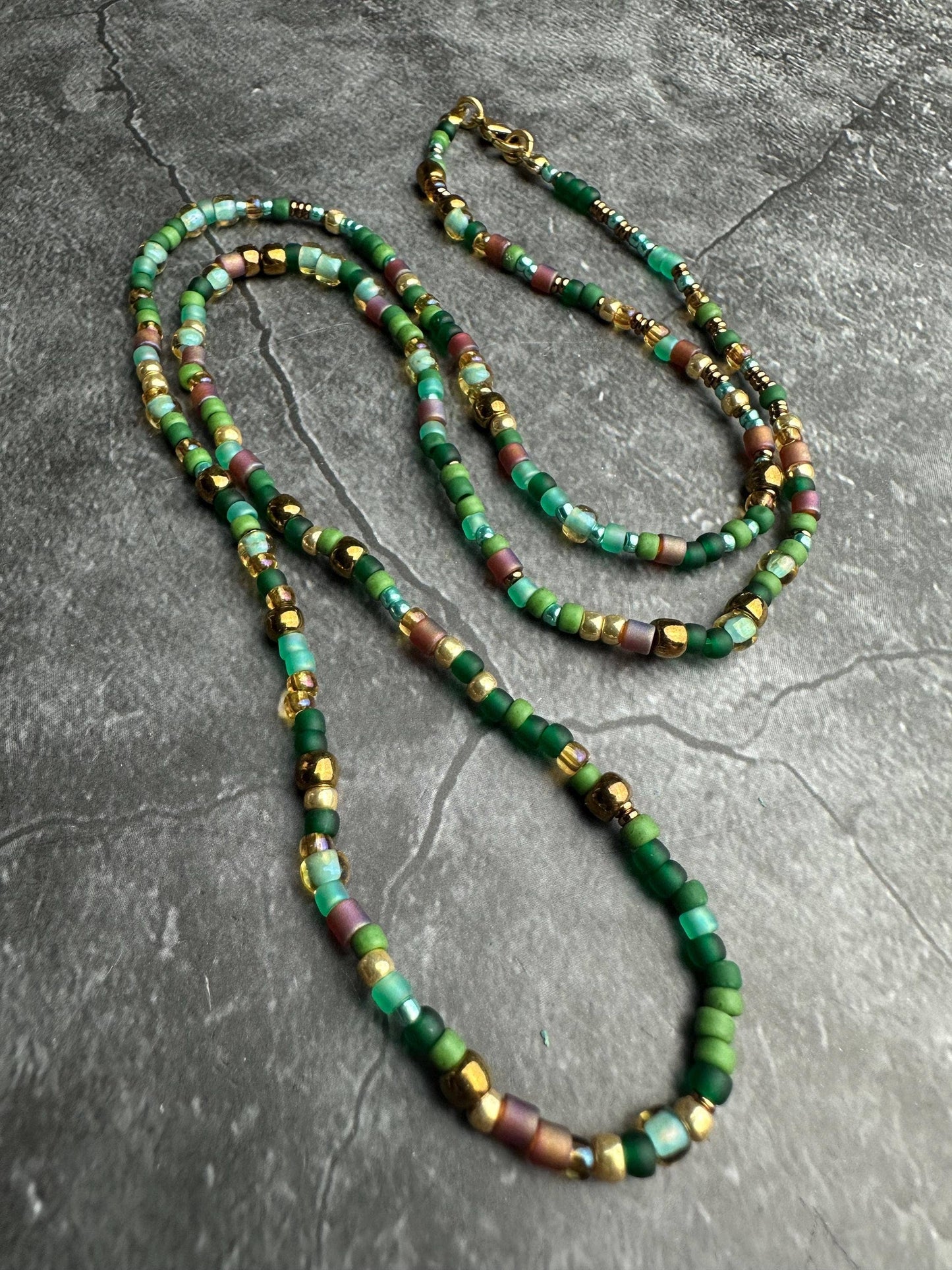 Seed Bead Necklace - Green Brown Layering Necklace