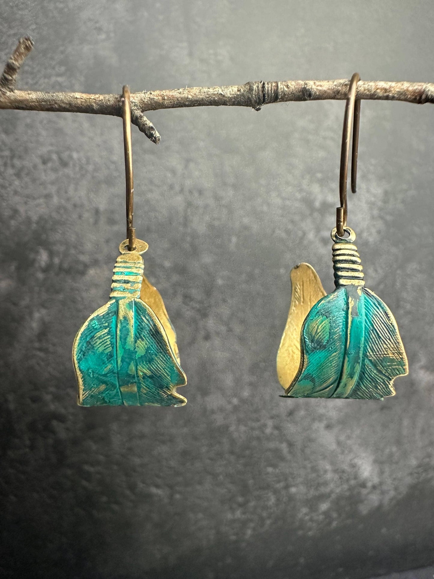 Curled Feather Earrings - Verdigris Patina Brass Dangles