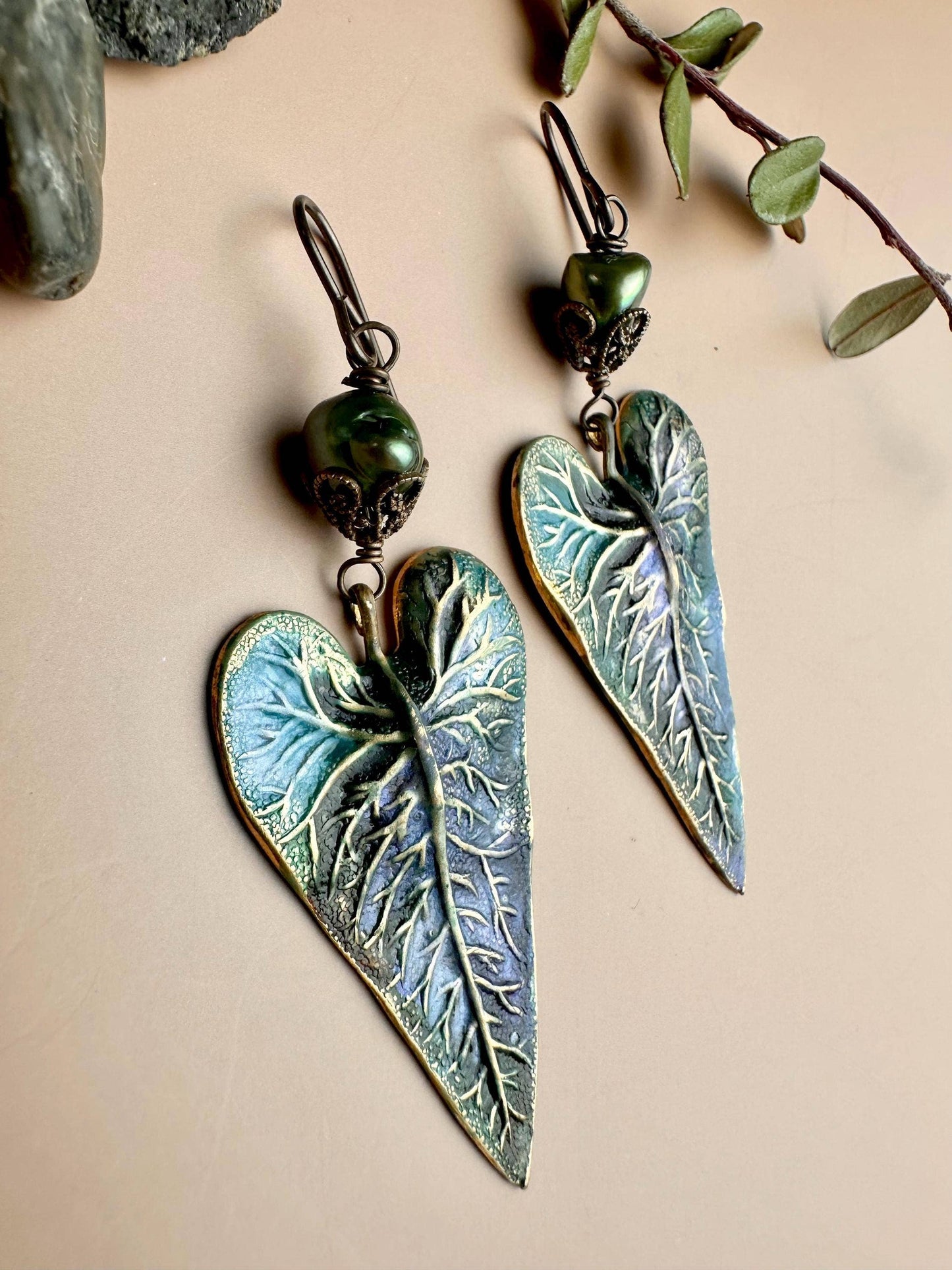 Patina Leaf Earrings with Freshwater Pearl