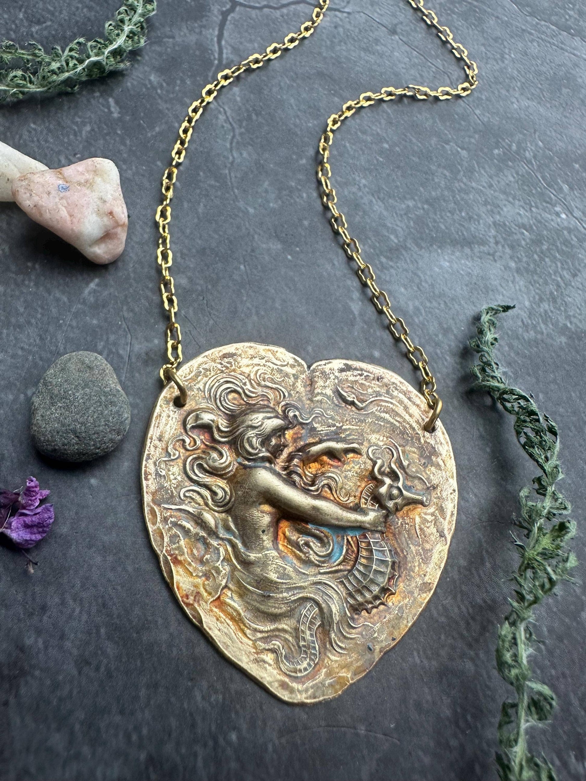 Art Nouveau Mermaid Necklace, Patina Brass Pendant, Ocean In