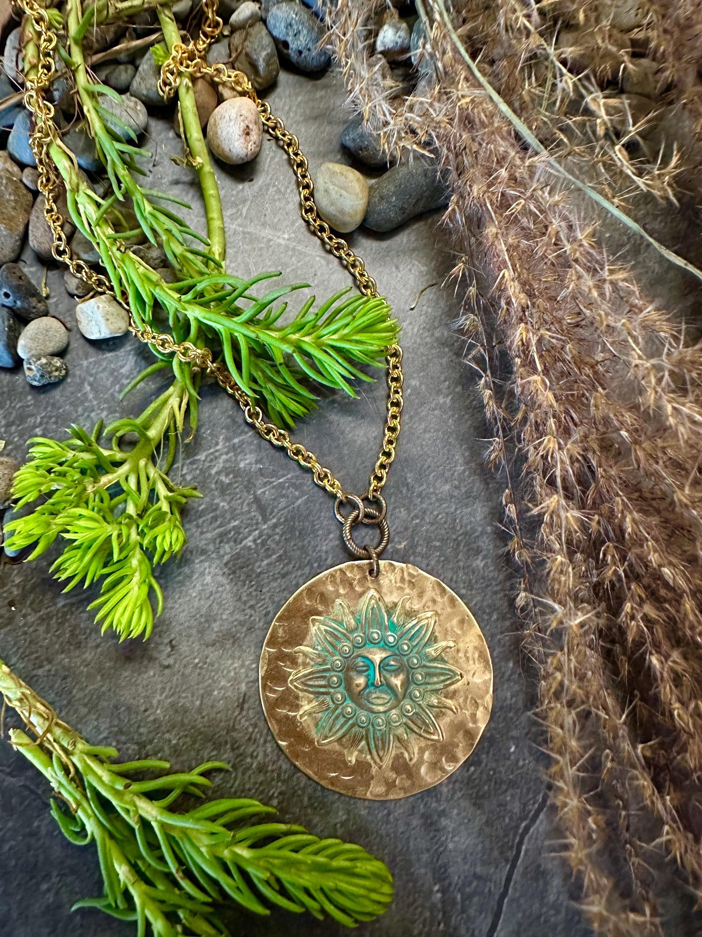 Sun Medallion Necklace - Handmade Solid Beaten Hammered Brass Green Hand Patina Finish