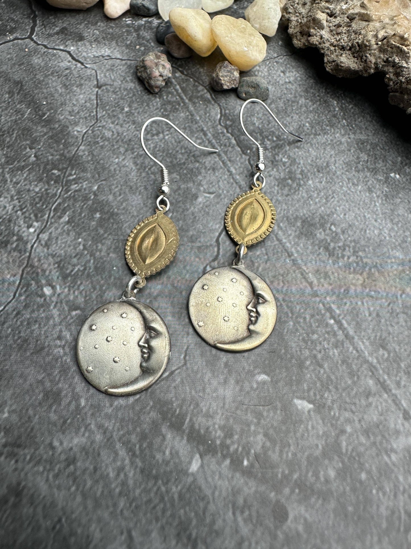Handcrafted Man in the Moon Burnished Silver Coin Earrings