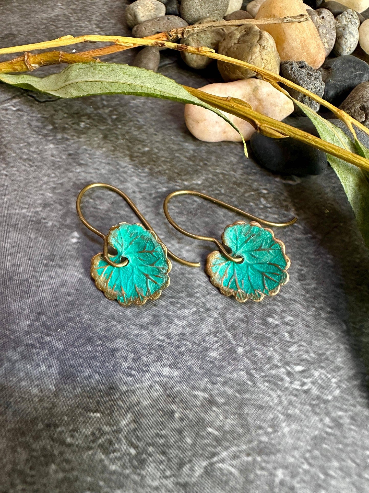 Lily Pad Leaf Earrings - Brass with Tiffany Green Patina