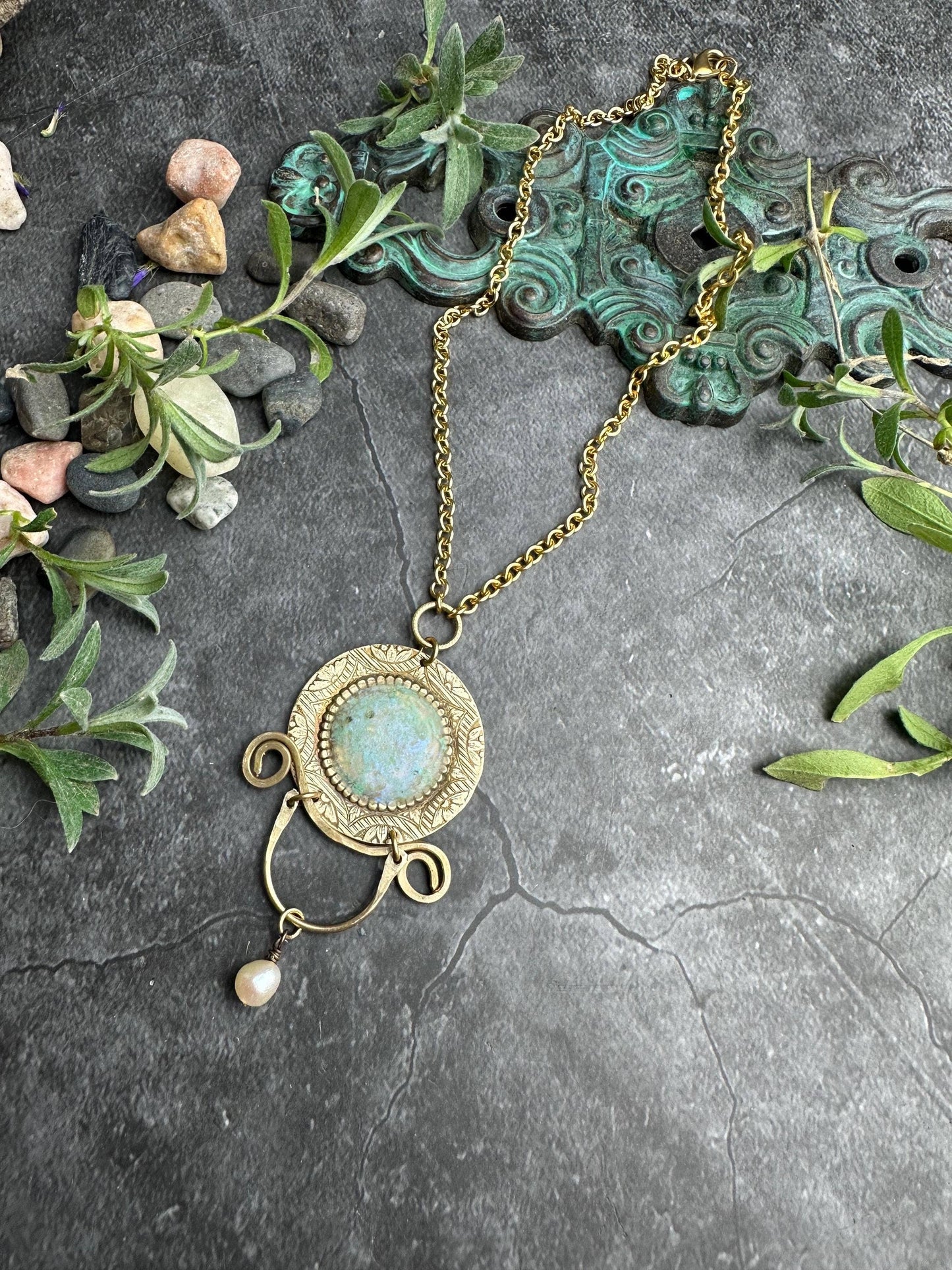Ancient Inspired Brass Medallion Necklace with Pearl