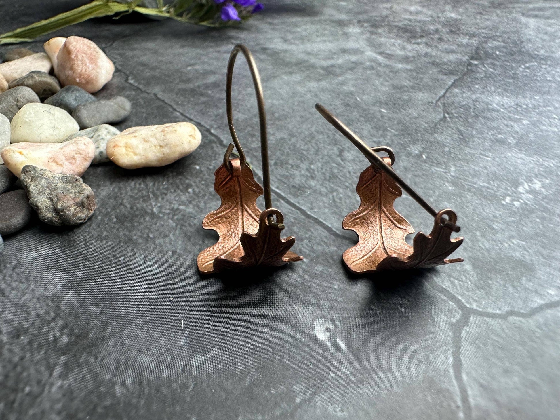 Oak Leaf Mini Hoop Earrings - Hand formed Copper