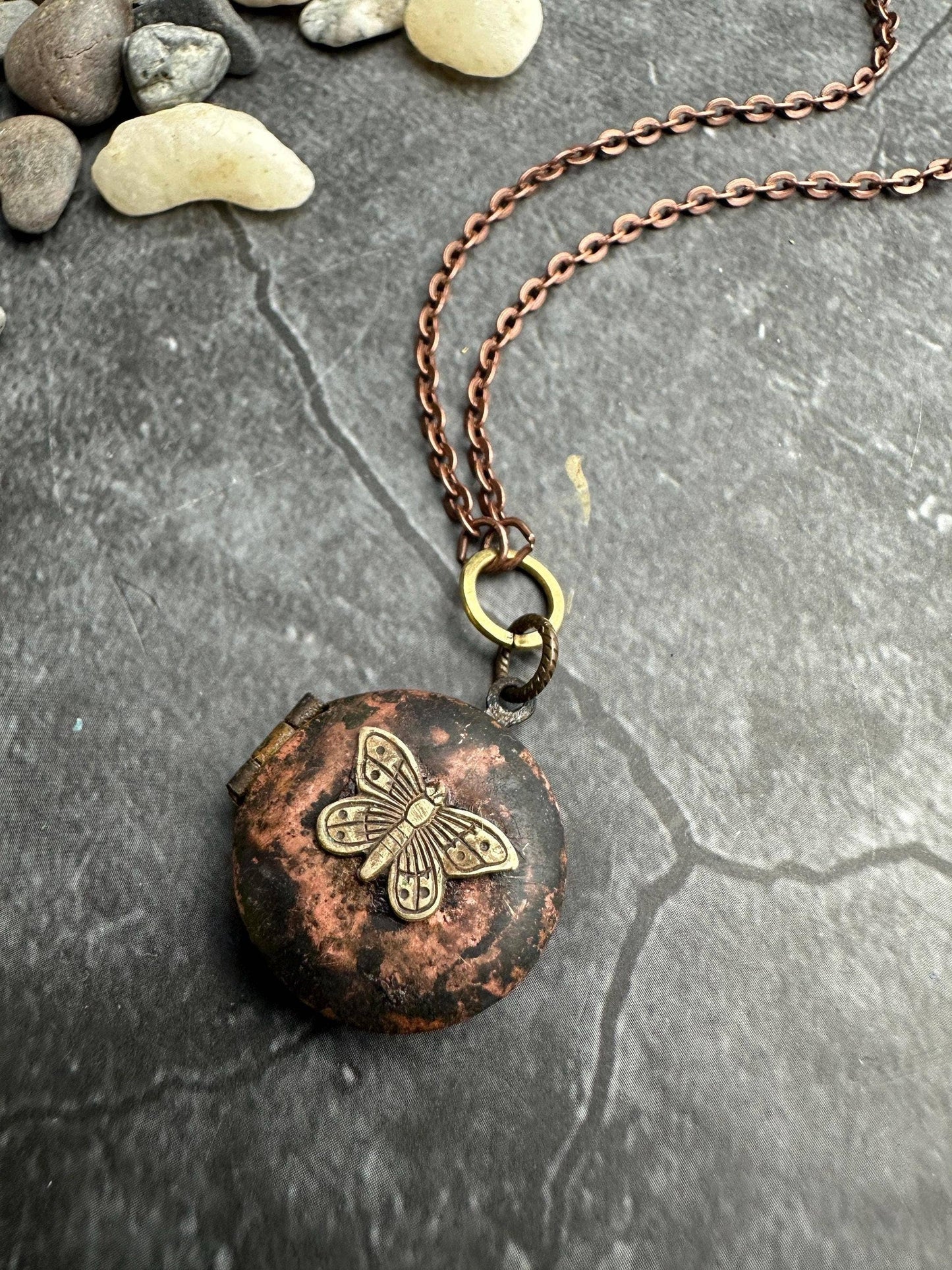 Vintage Brass Oxodized Butterfly Locket Necklace