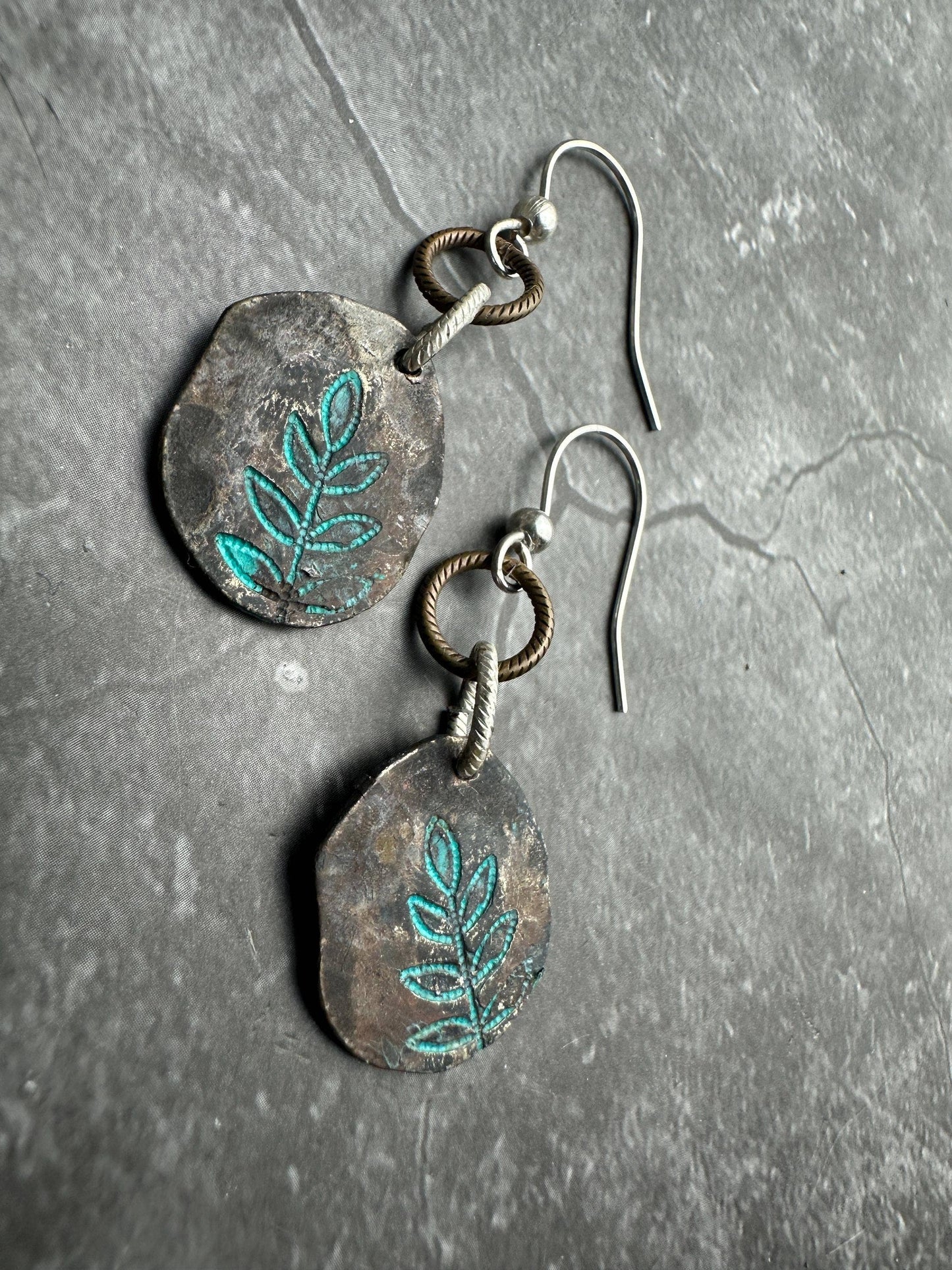 Imprinted Leaf Hammered Silver OX Patina Organic Shape Ea...