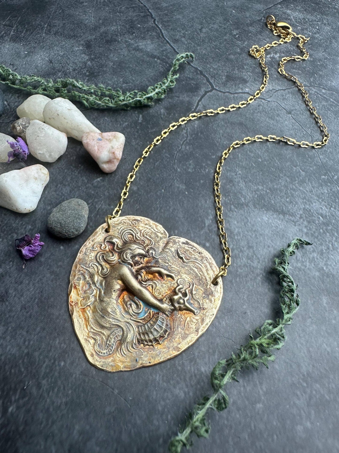 Art Nouveau Mermaid Necklace, Patina Brass Pendant, Ocean In
