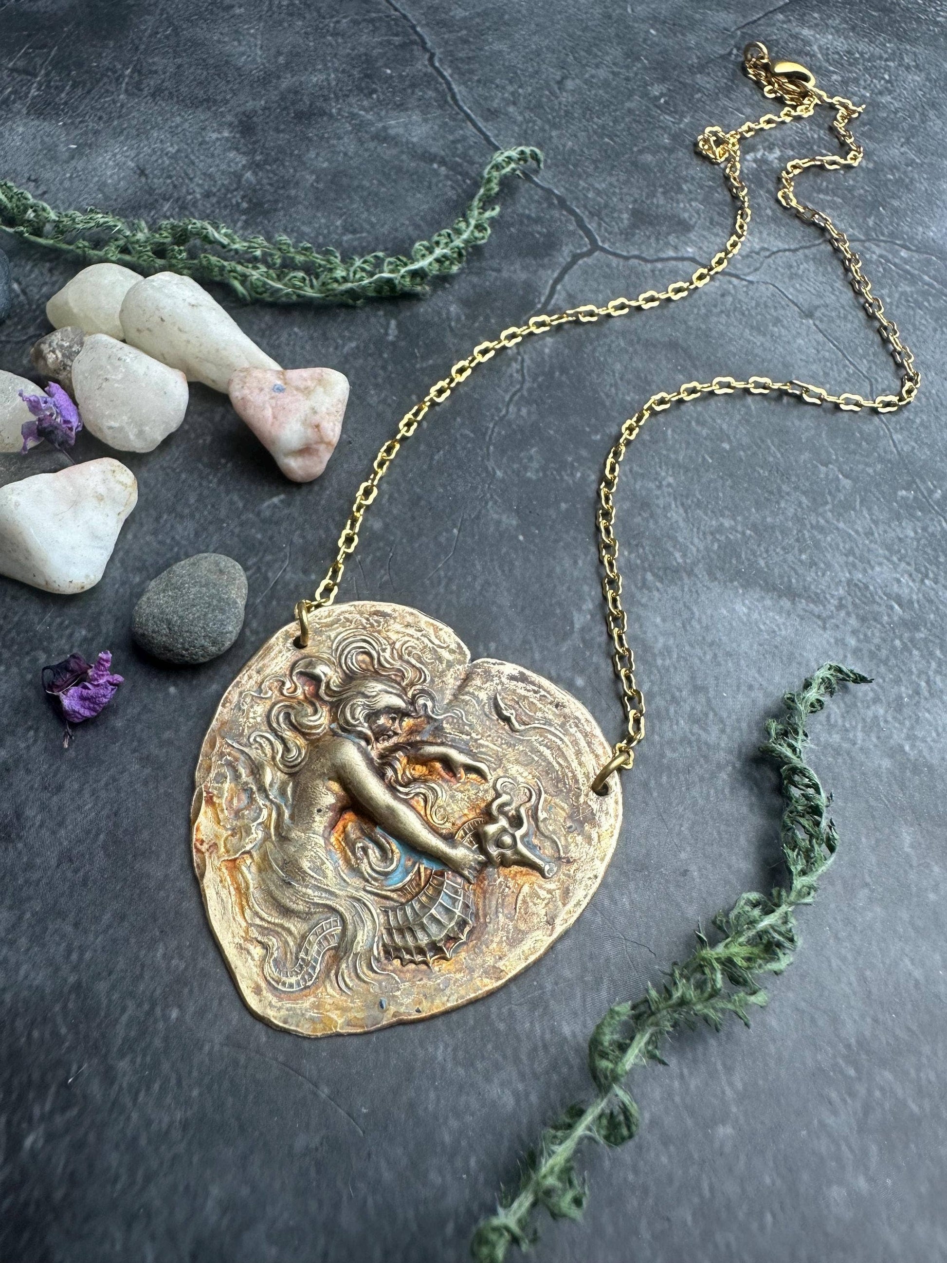 Art Nouveau Mermaid Necklace, Patina Brass Pendant, Ocean In