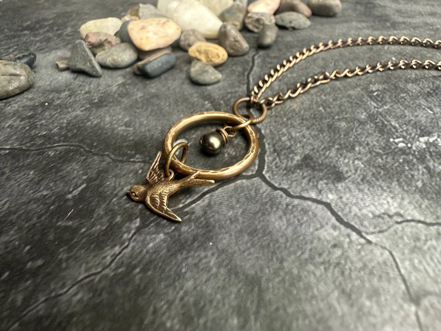 Enchanted Sparrow Pearl Necklace - Hammered Brass and Pearl