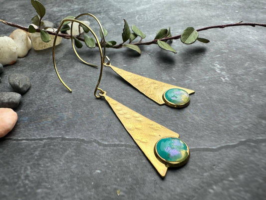 Brass Triangle Earrings with Hand Colored Resin