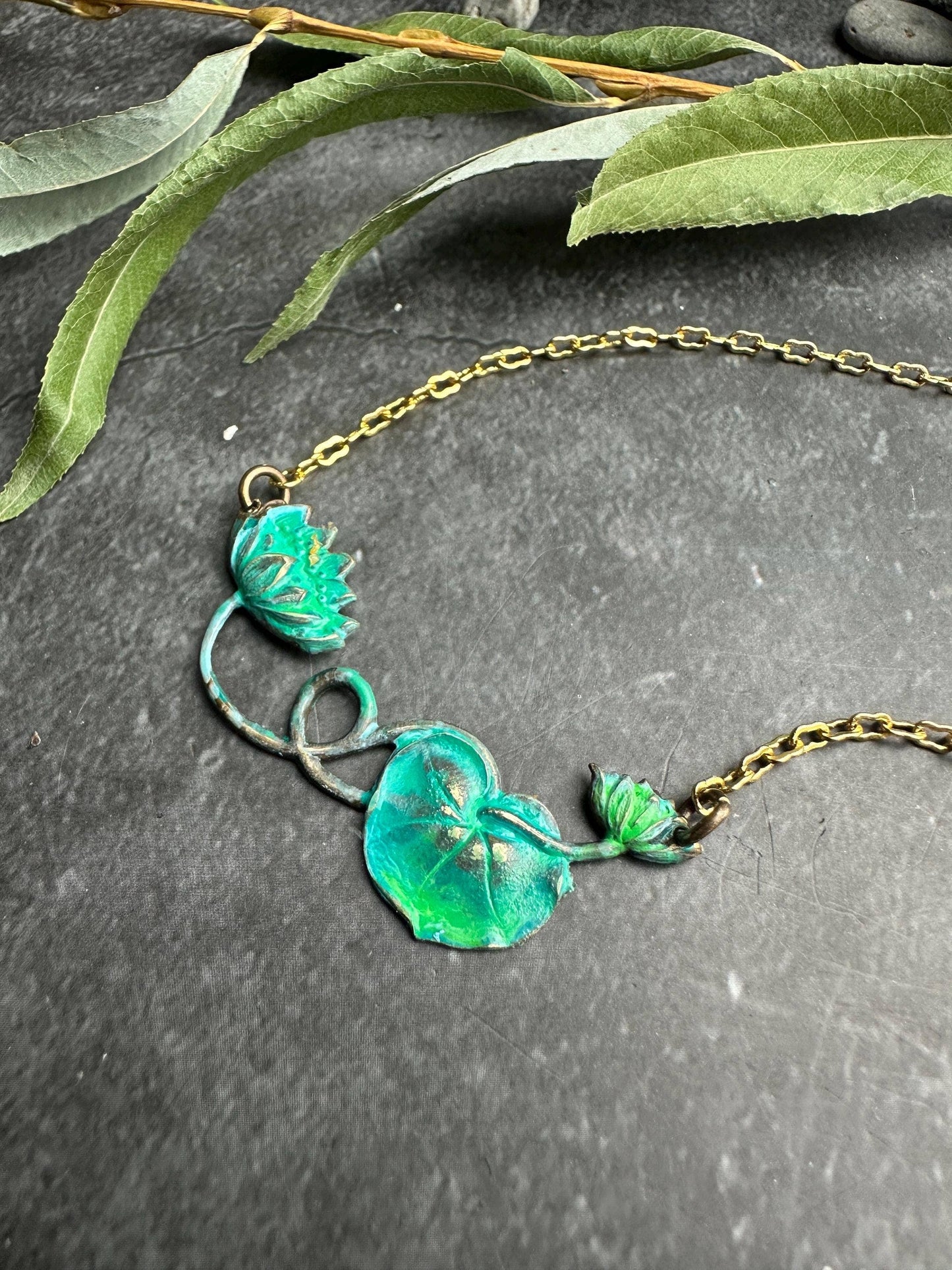 Verdigris Green water lily pad Necklace - Solid Brass