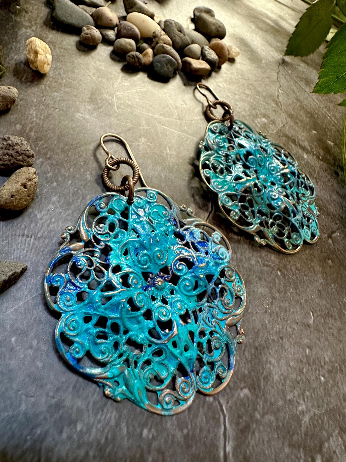 Garden Filigree Earrings- Handmade Solid Brass Hand Patina