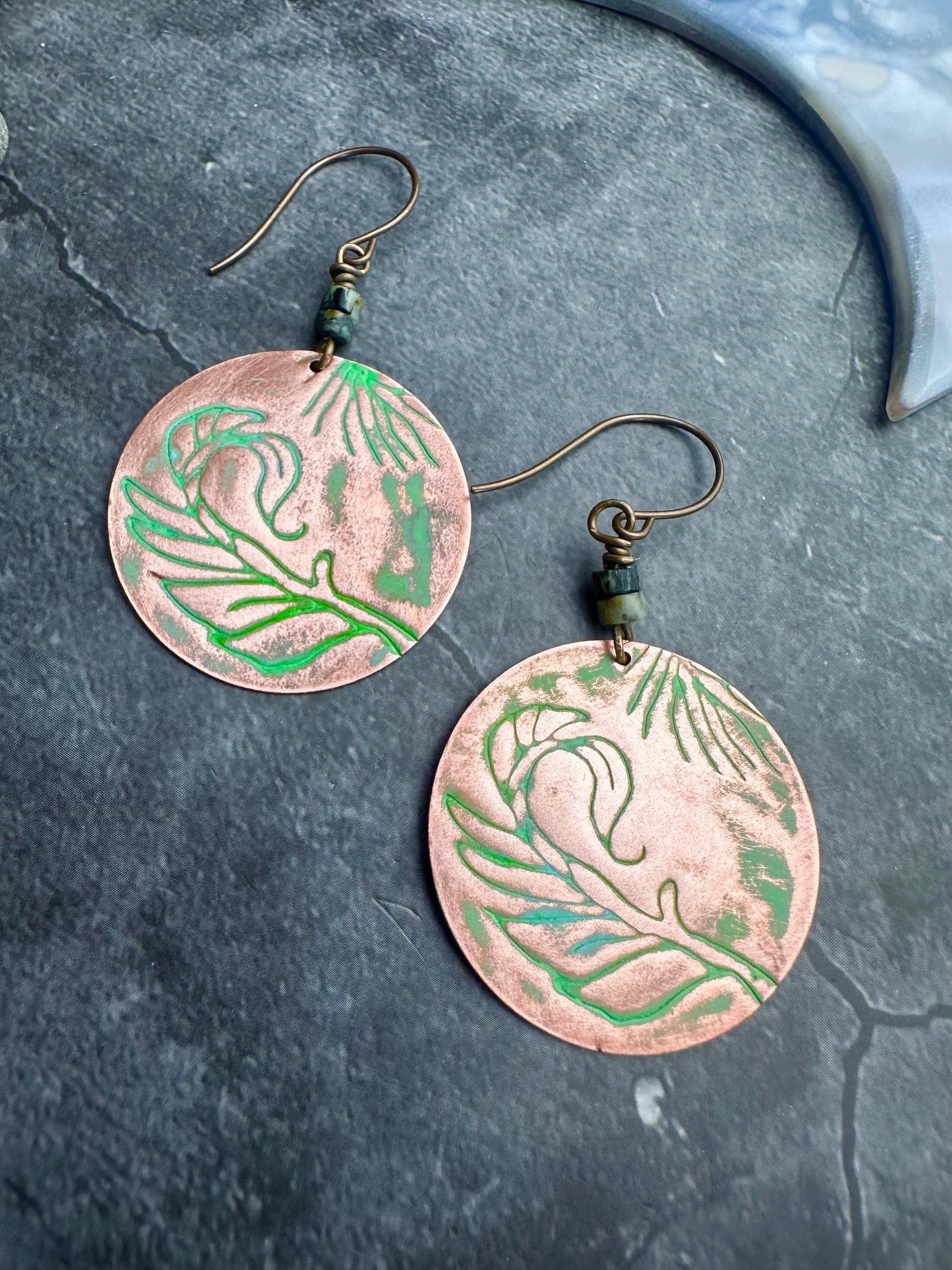 Copper Circle Feather Earrings with African Turquoise