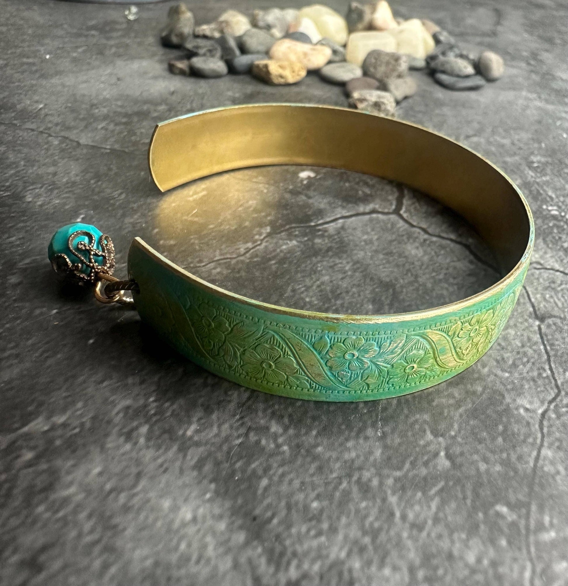 Floral Brass Cuff Bracelet with Blue Green Hand Patina
