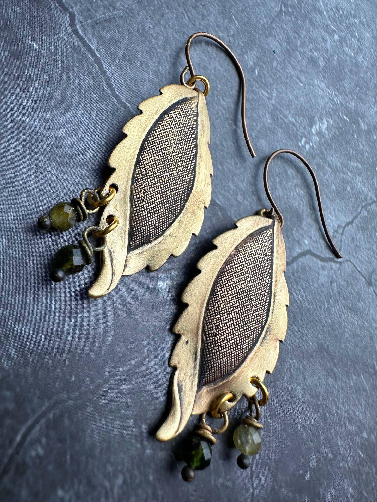 Leafy Green Pebble Earrings - Solid Brass Faceted Tourmaline