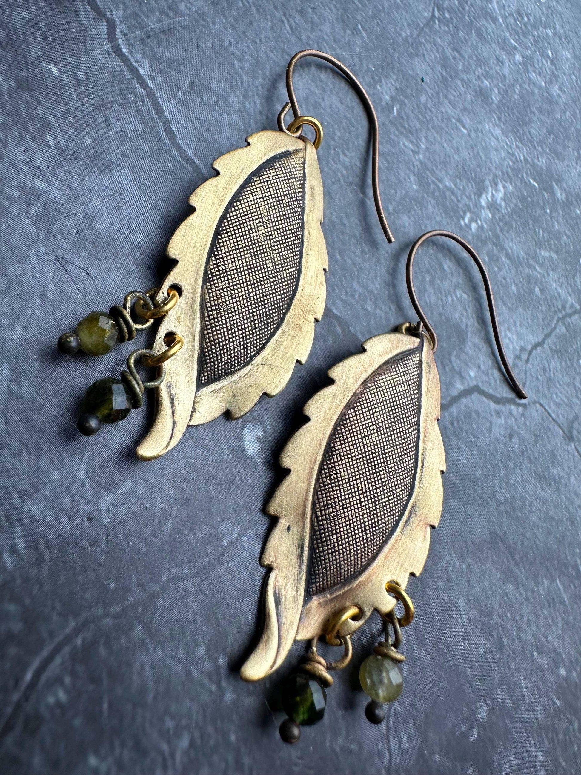 Leafy Green Pebble Earrings - Solid Brass Faceted Tourmaline