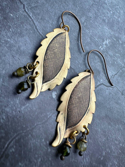 Leafy Green Pebble Earrings - Solid Brass Faceted Tourmaline
