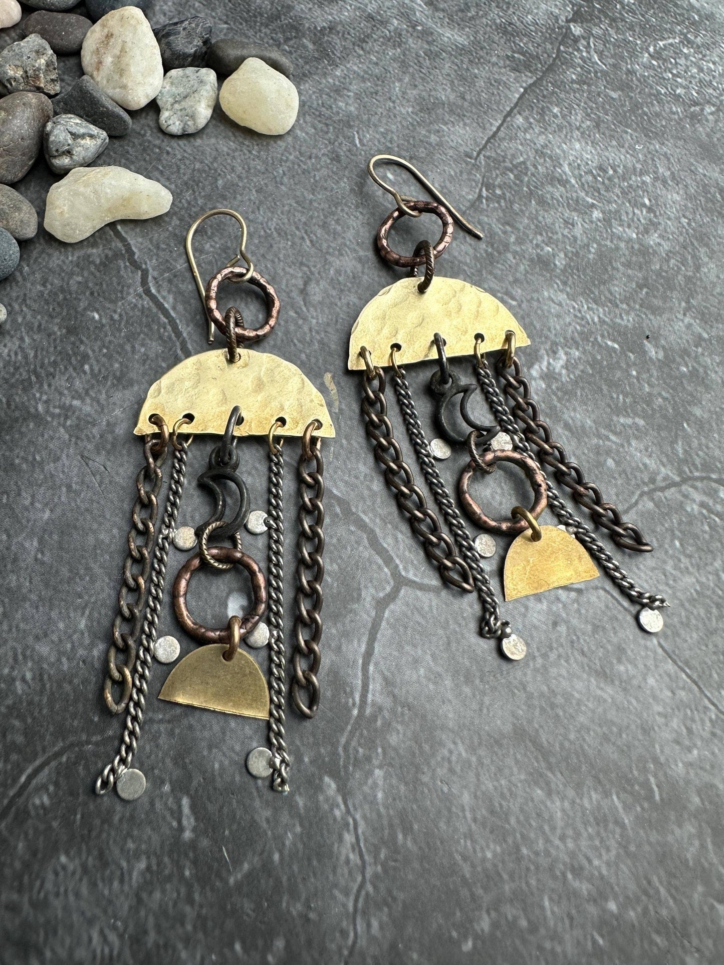Lunar Landing Earrings- Handmade Hammered Brass & Silver ox