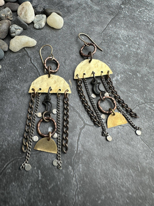 Lunar Landing Earrings- Handmade Hammered Brass & Silver ox