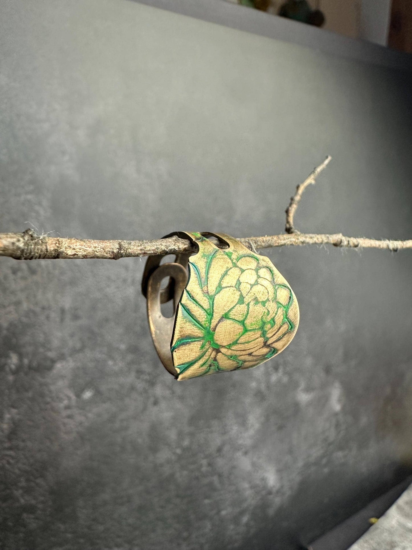 Lotus Flower Etched Ring - Adjustable Brass Cuff Ring