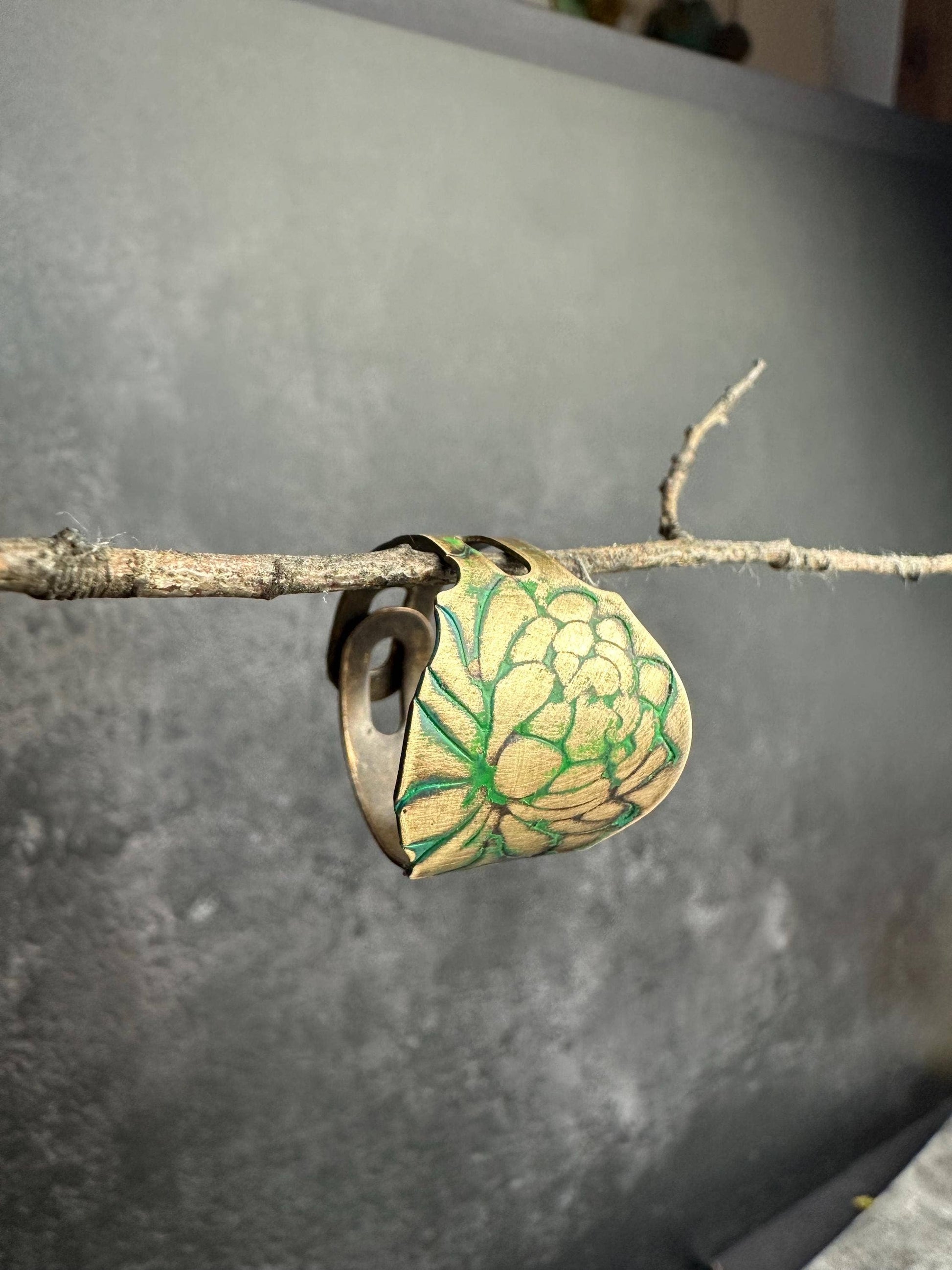 Lotus Flower Etched Ring - Adjustable Brass Cuff Ring