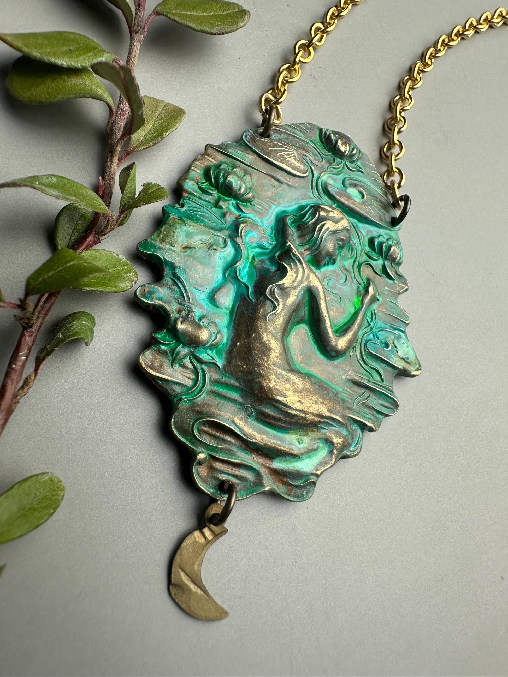 Art Nouveau Goddess Necklace - Verdigris Patina Pendant