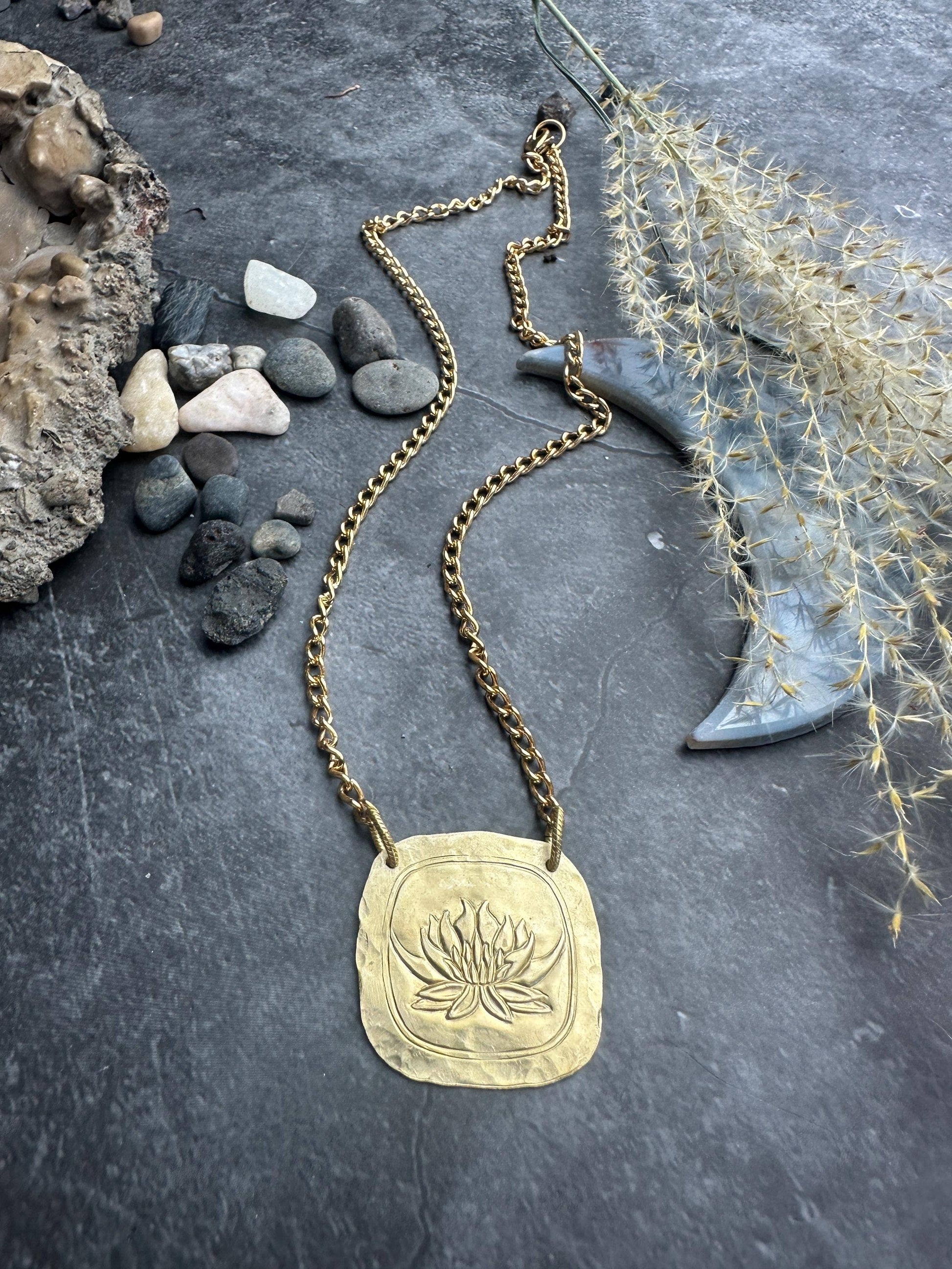 Lotus Geometric Square Pendant Necklace - Solid Brass