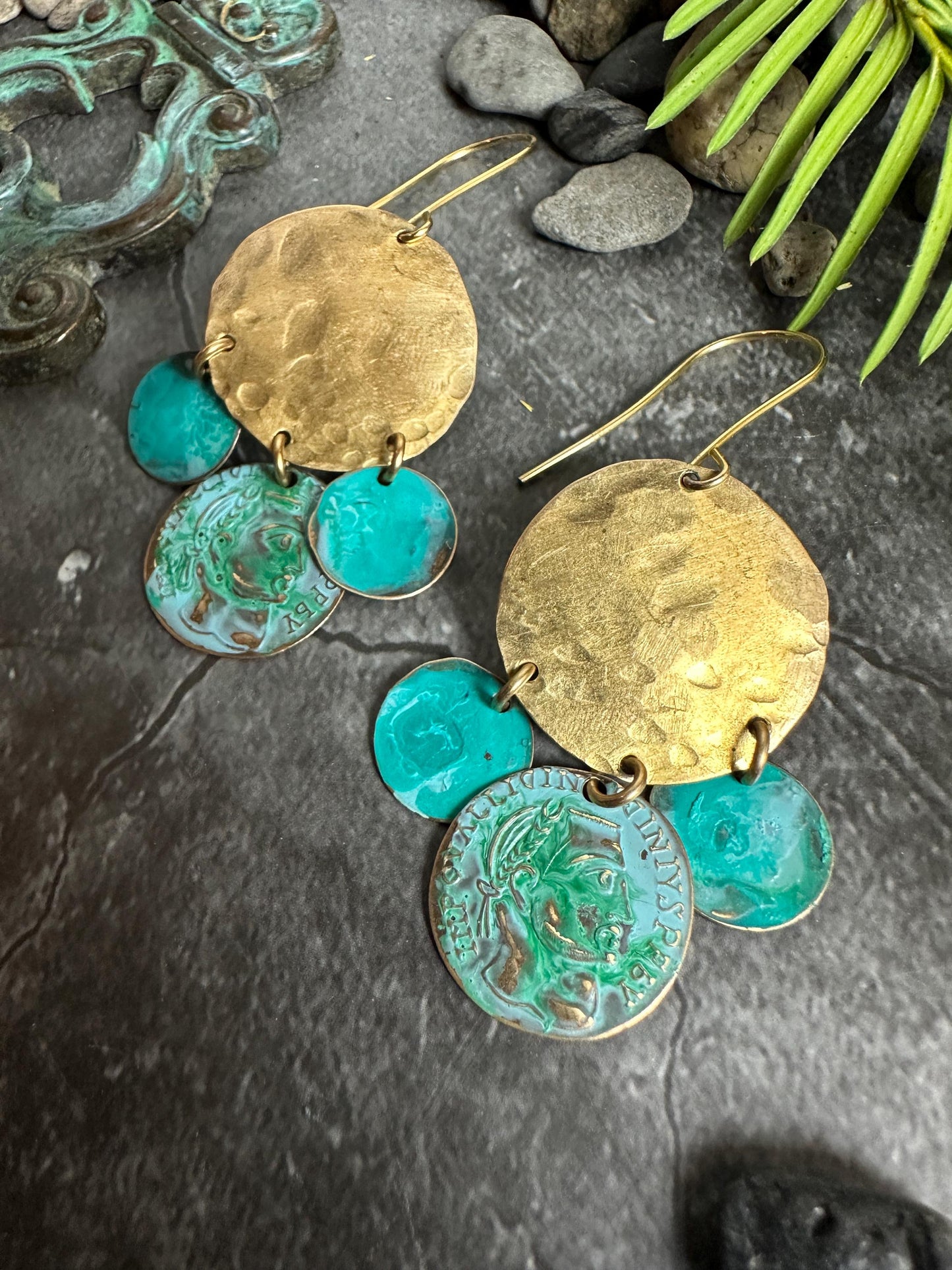 Hammered Coin Earrings- Handmade Solid Beaten Brass Green Blue Patina