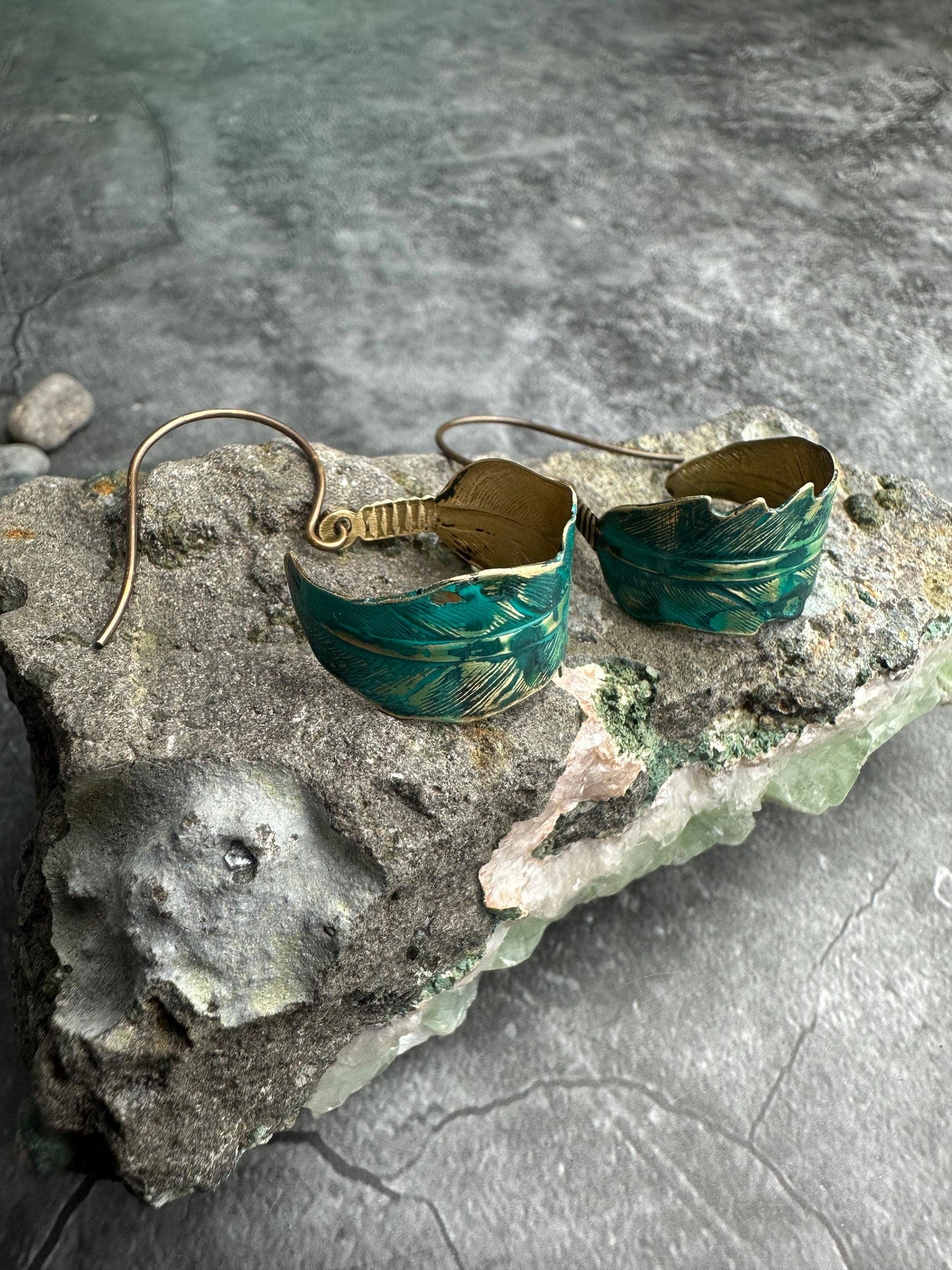 Curled Feather Earrings - Verdigris Patina Brass Dangles