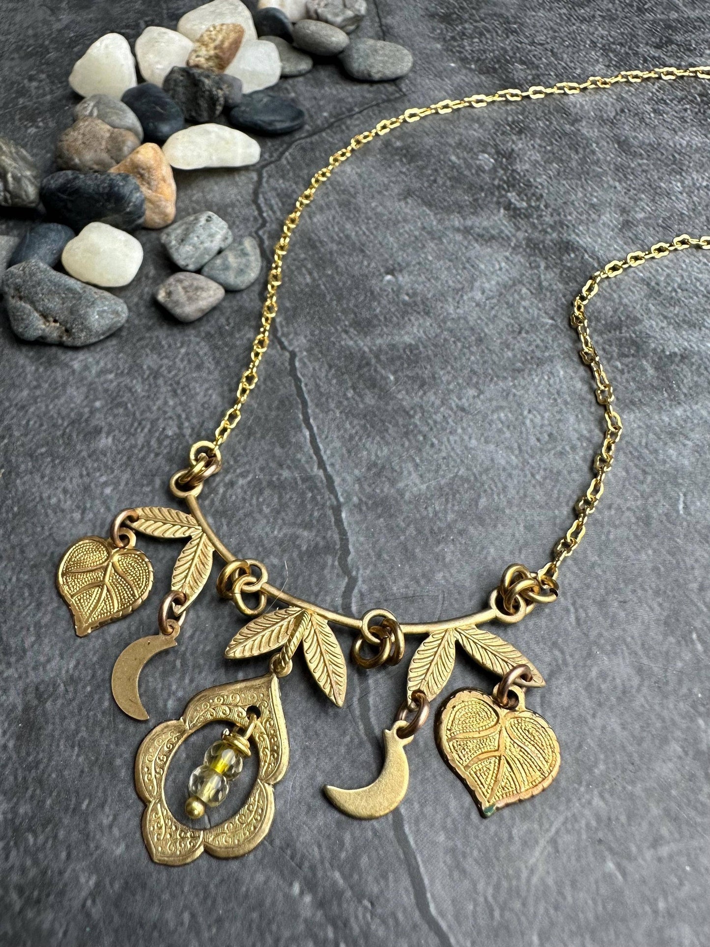 Brass & Citrine Charm Cluster Necklace