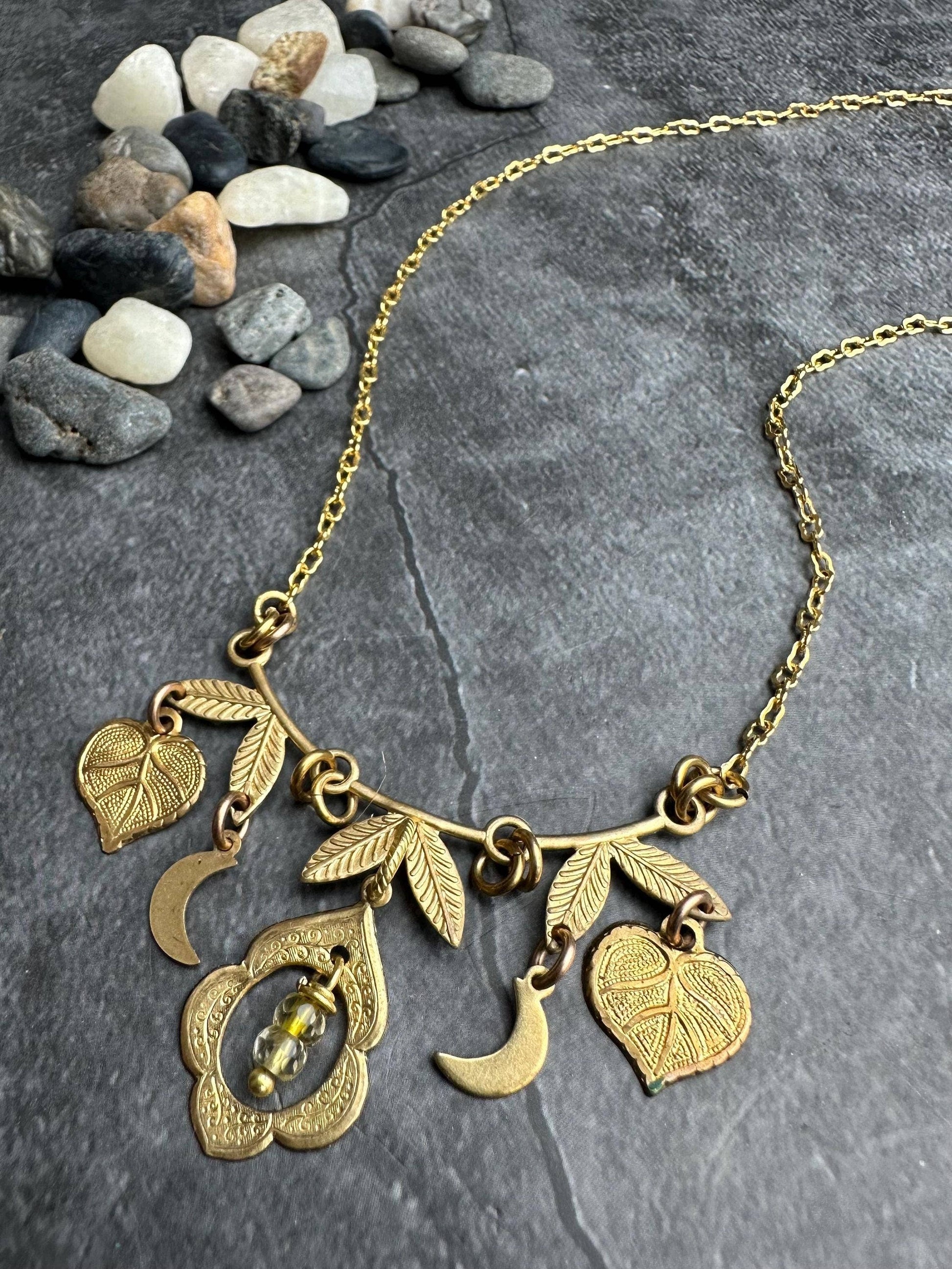 Brass & Citrine Charm Cluster Necklace