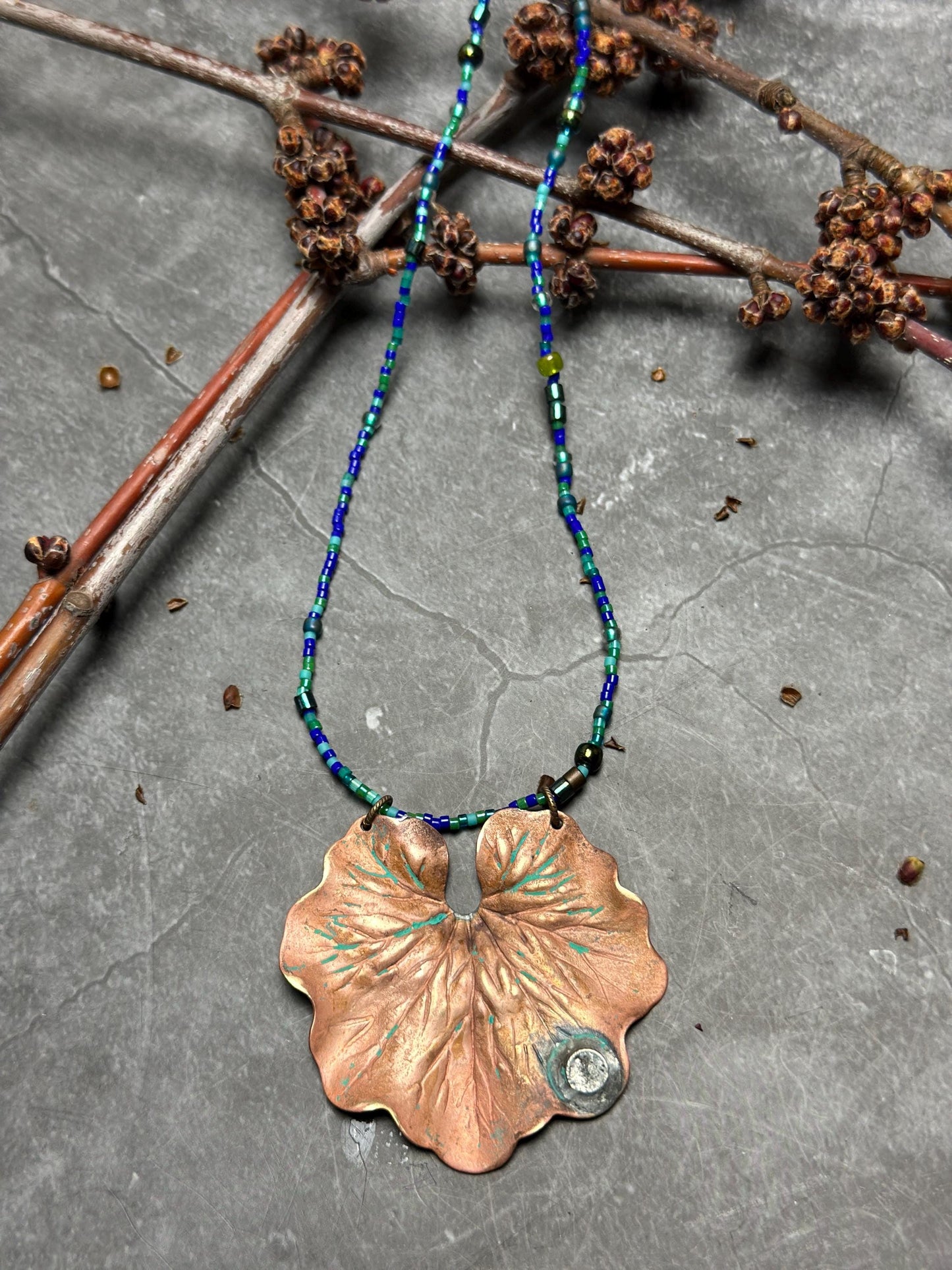 Waterlily Necklace - Handmade Beaded Soldered Brass Hand Patina Finish