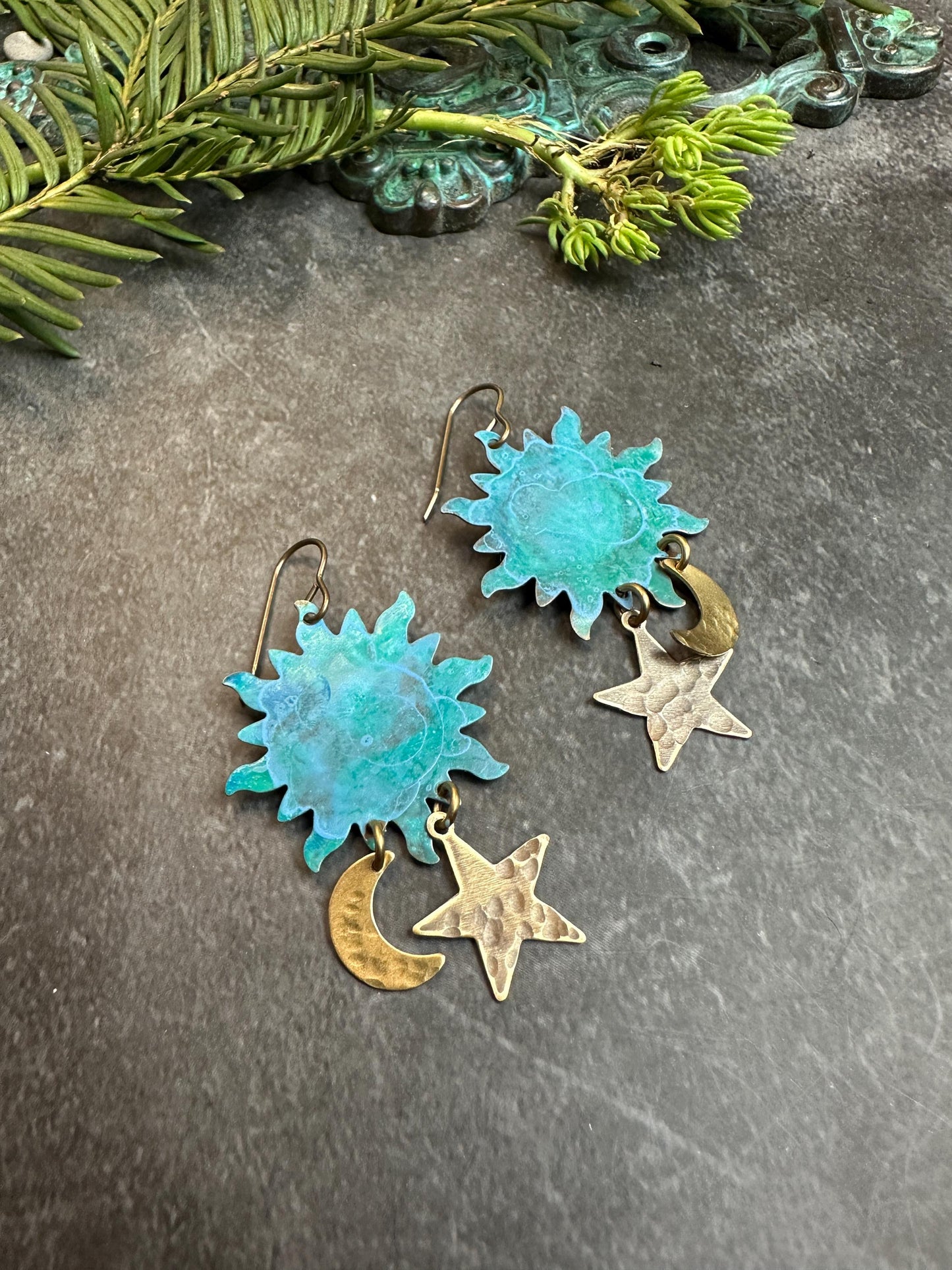 Celestial Sun Moon & Stars Earrings - Handmade Solid Beaten Brass Hand Patina