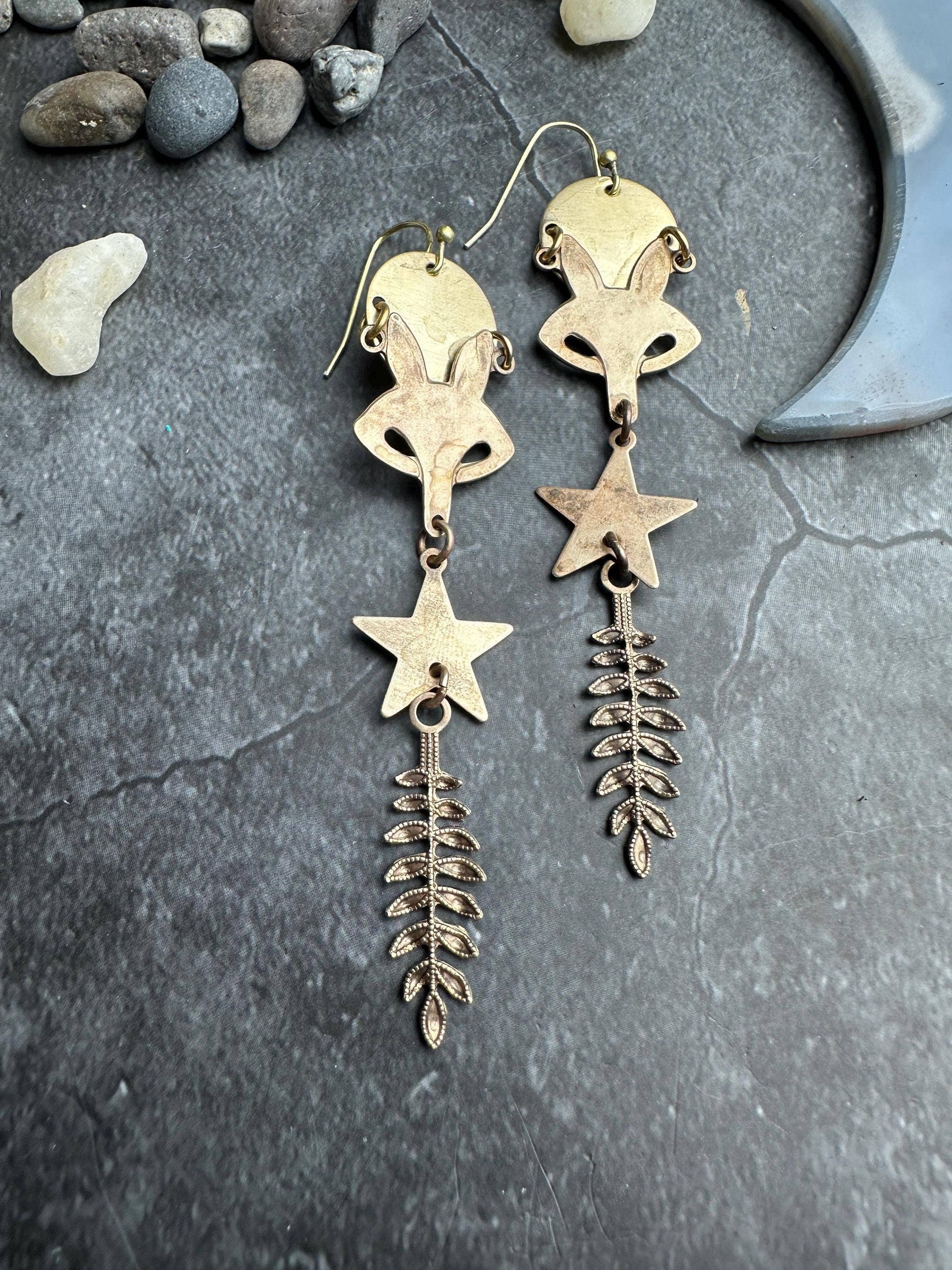 Brass Boho Star Celestial Fox Dangle Earrings