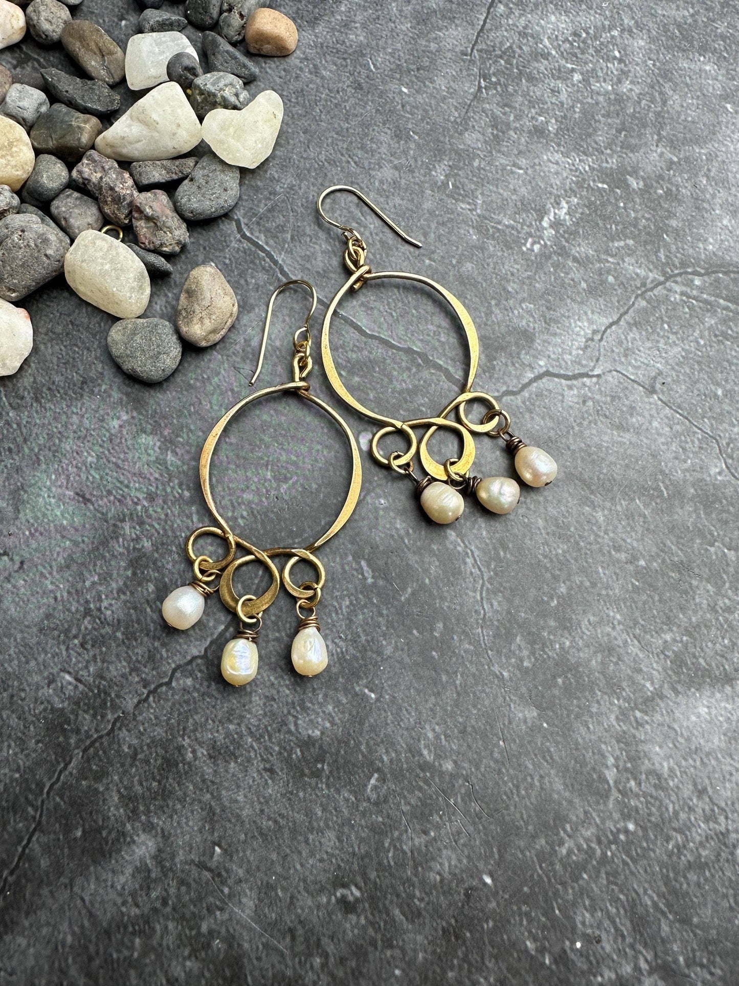Formed & Hammered Wire Natural Pearl Earrings - Solid Brass