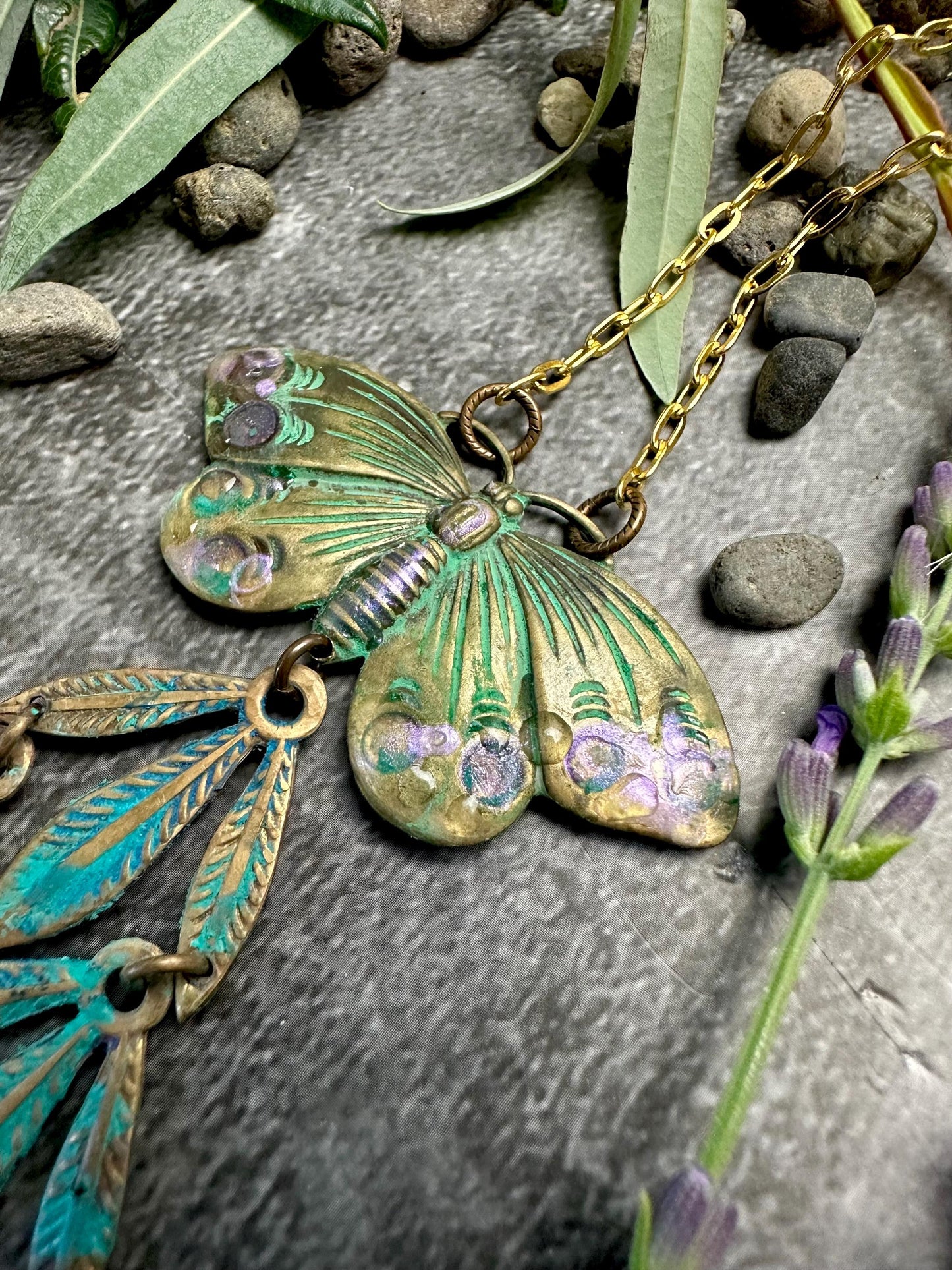 Butterfly Palm Leaf Necklace - Handmade Solid Brass Iridescent Resin Hand Patina