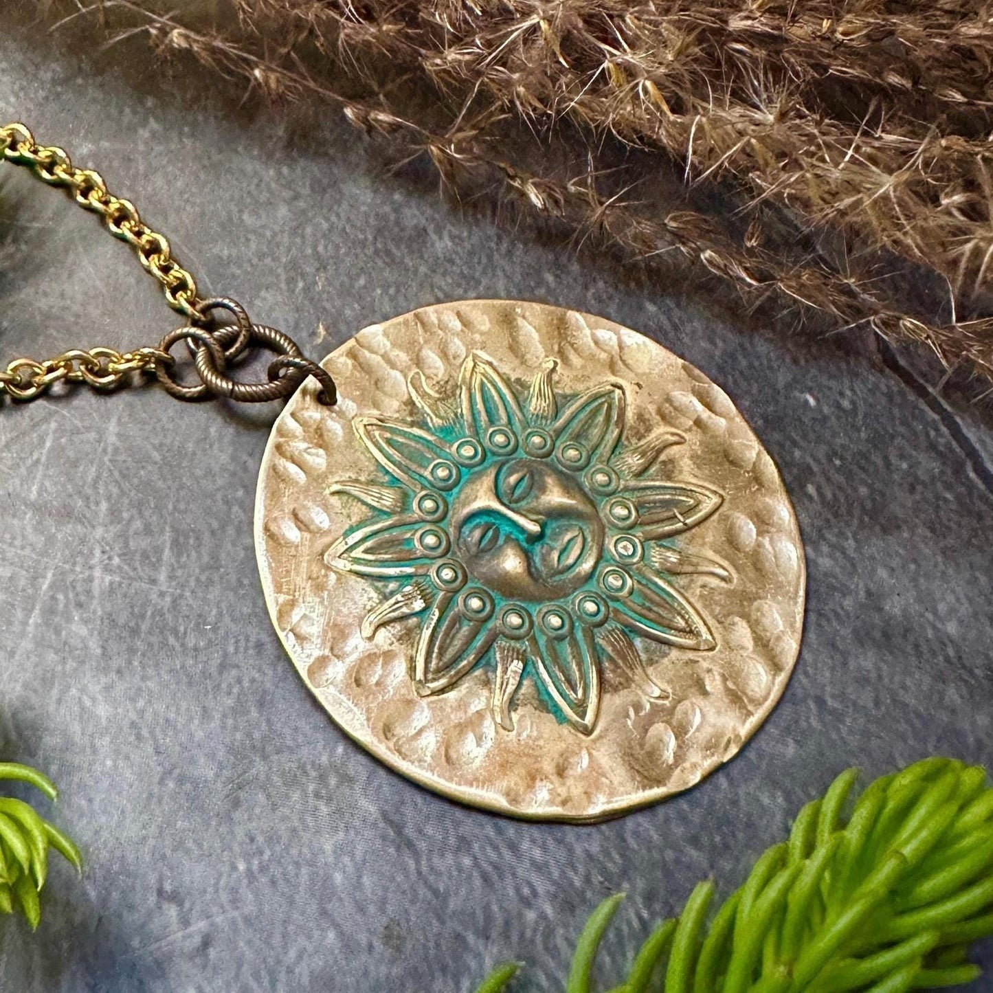 Sun Medallion Necklace - Handmade Solid Beaten Hammered Brass Green Hand Patina Finish