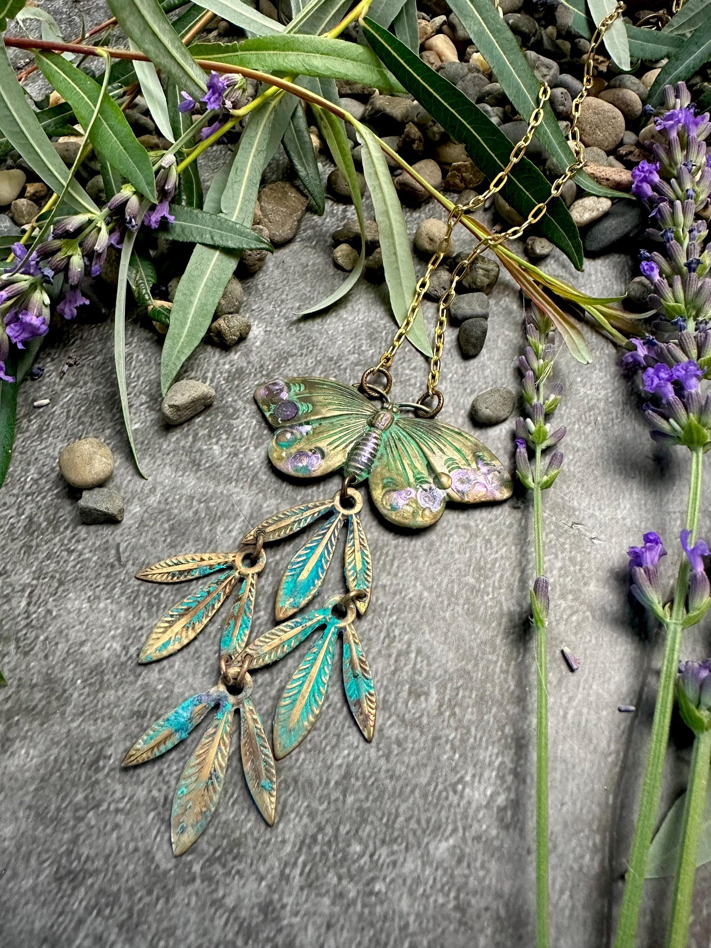 Butterfly Palm Leaf Necklace - Handmade Solid Brass Iridescent Resin Hand Patina