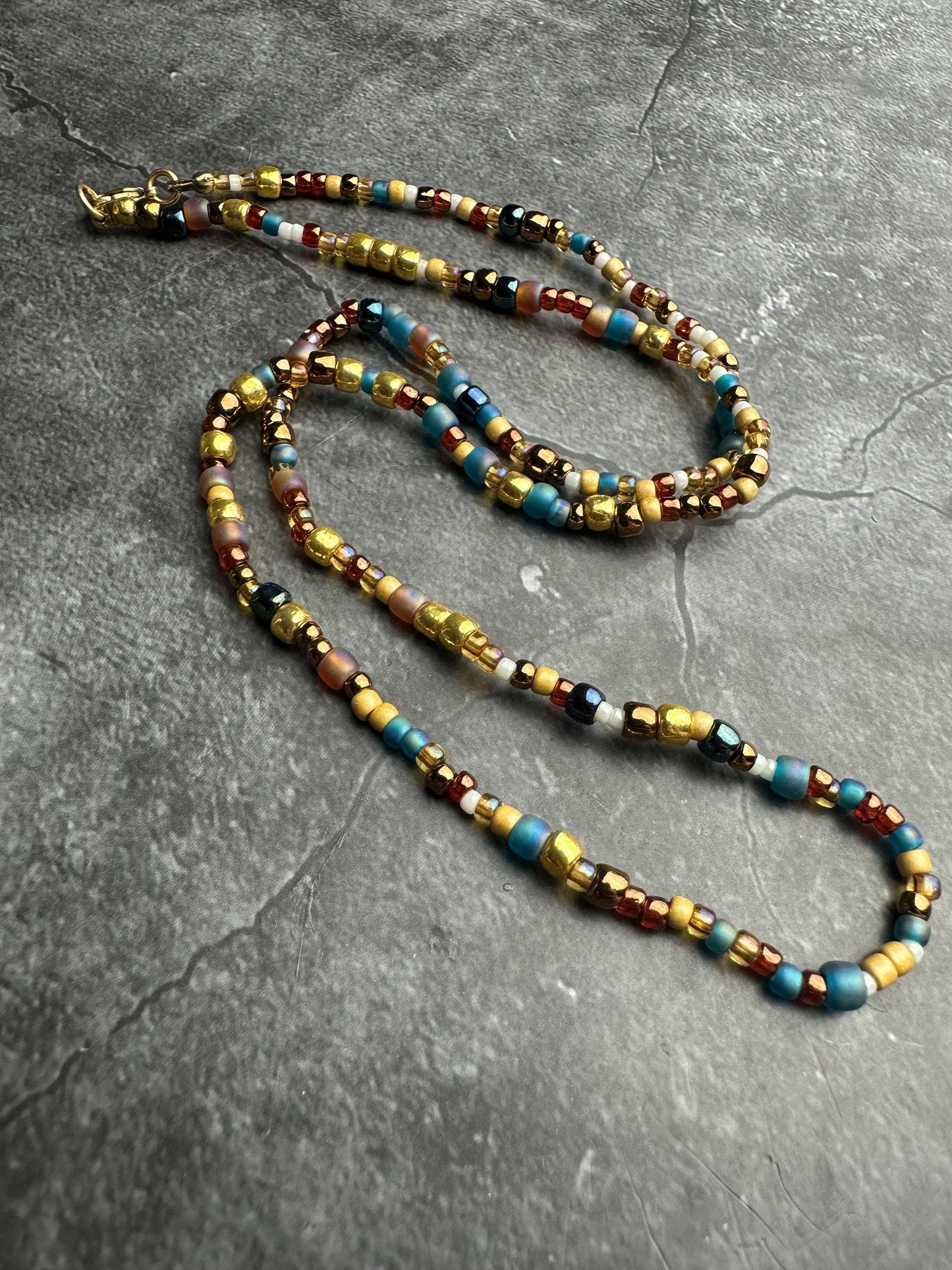 Seed Bead Necklace - Gold Blue Layering Necklace