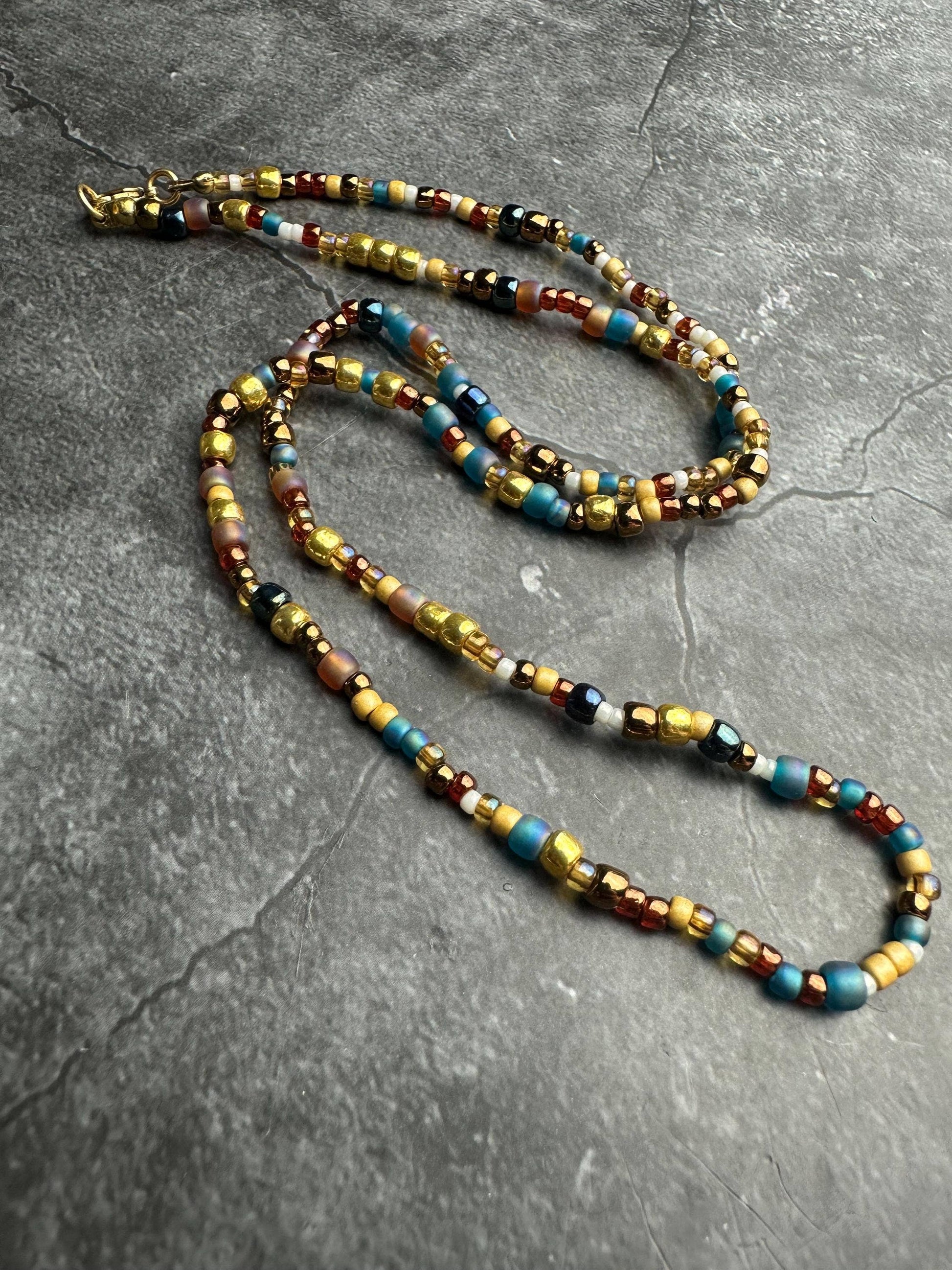 Seed Bead Necklace - Gold Blue Layering Necklace