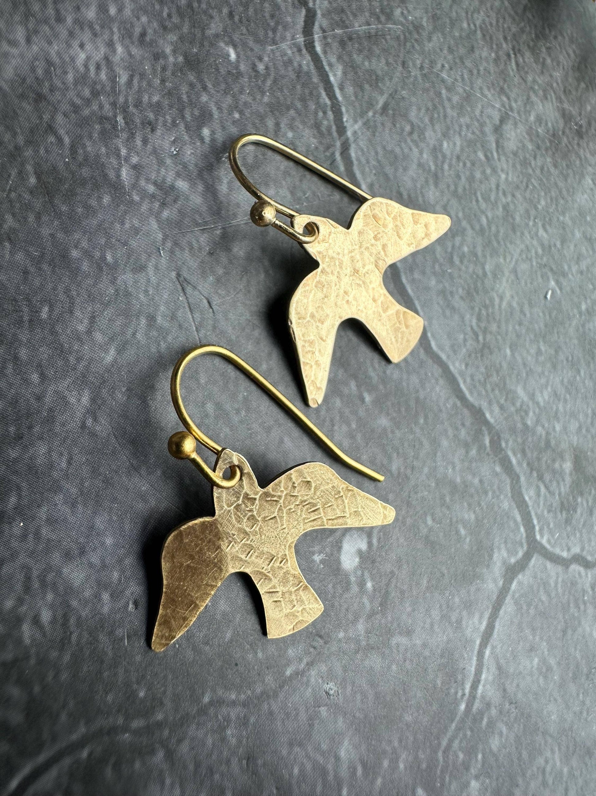 Minimal Bird Earrings - Small Hammered Brass Sparrow Drops