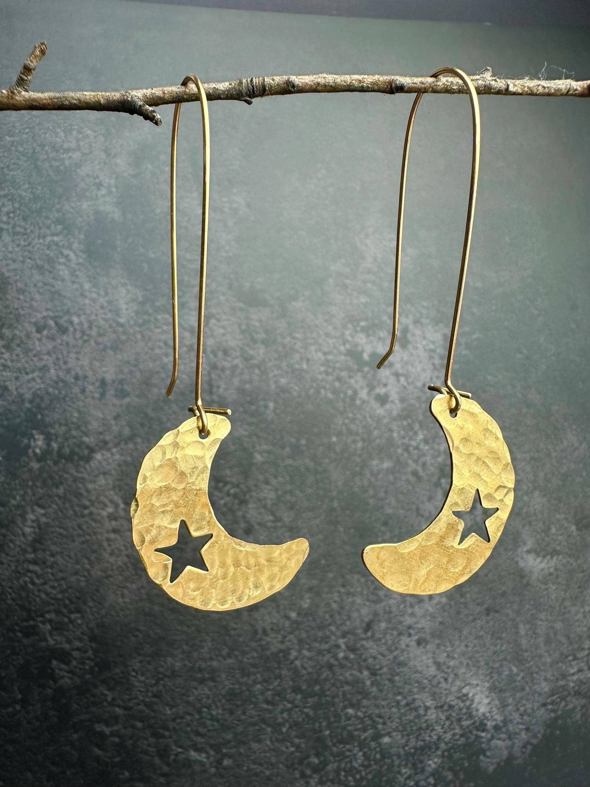 Handcrafted Celestial Crescent Moon Earrings - Beaten Brass
