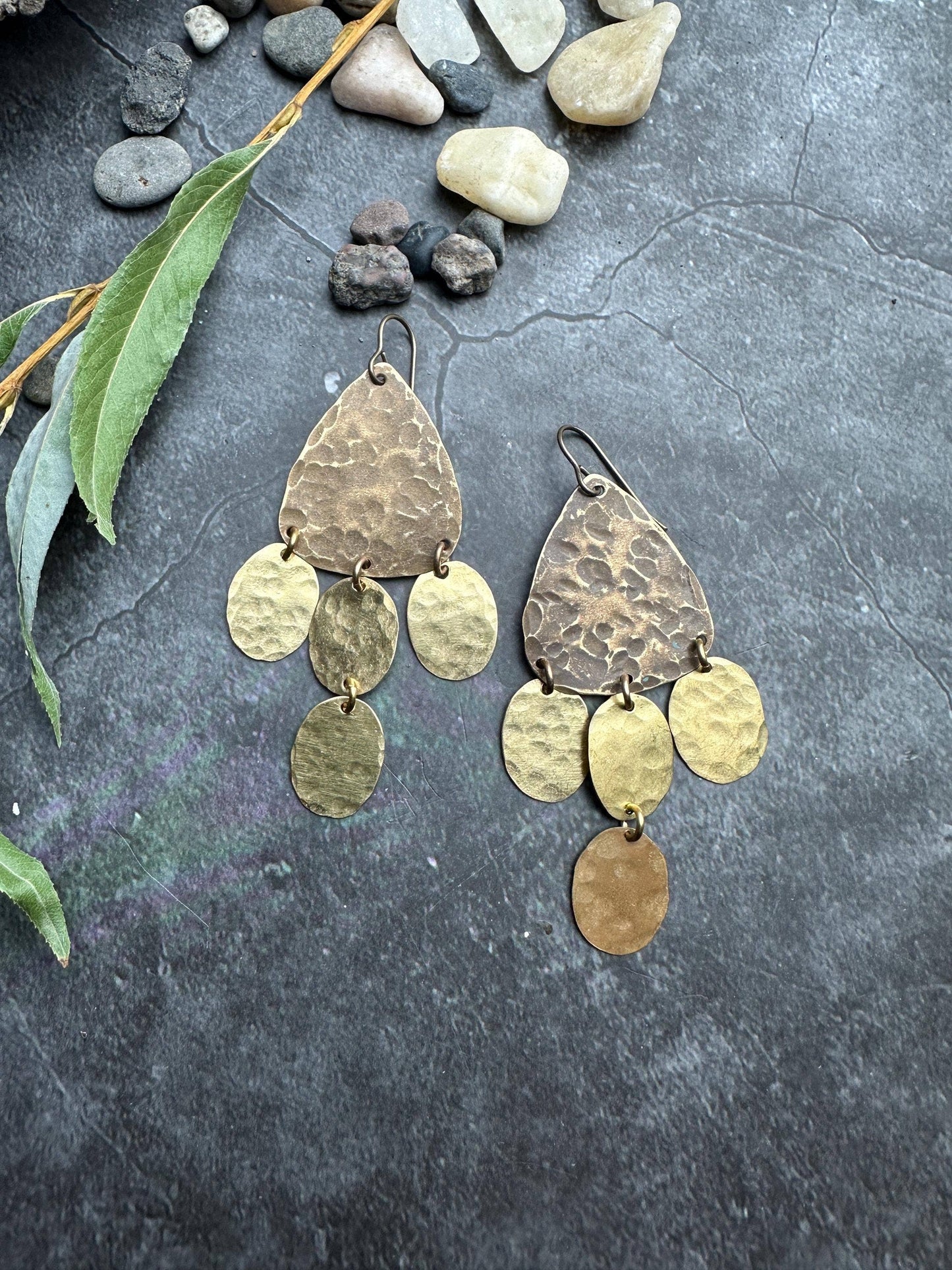 Geometric chandelier - Handmade Solid Beaten Brass Earrings