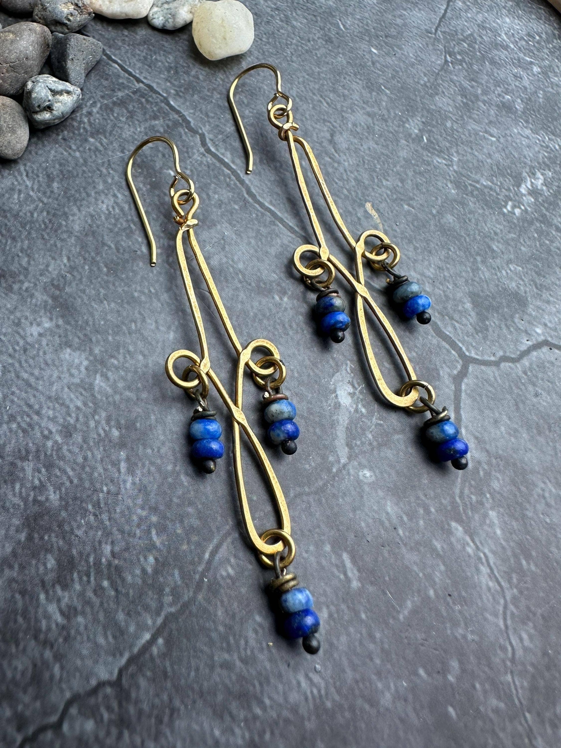 Wire Natural Lapis Lazuli Earrings- Handmade Solid Brass