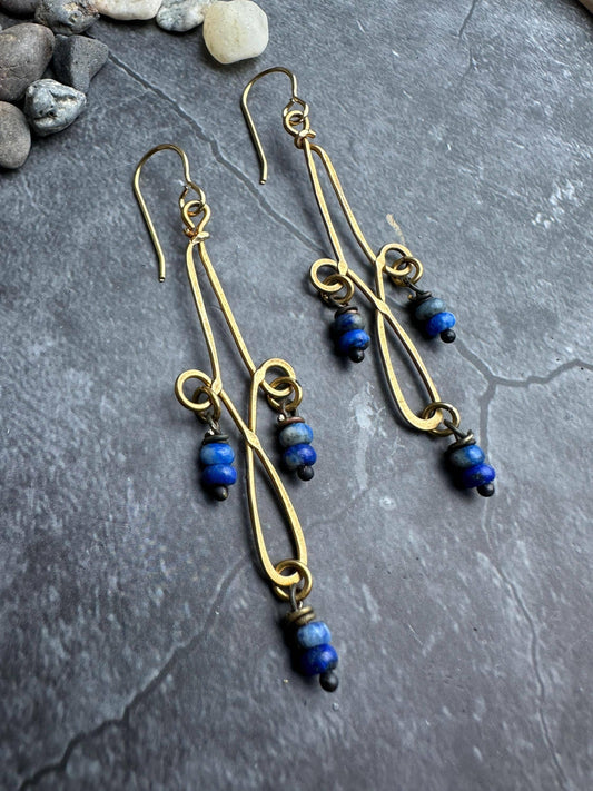Wire Natural Lapis Lazuli Earrings- Handmade Solid Brass
