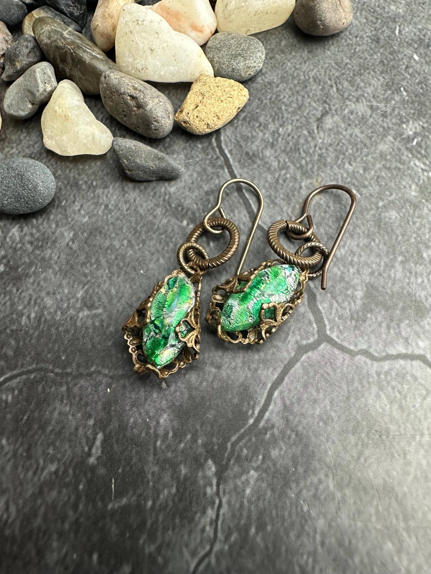 Encased Art Glass Filigree Earrings