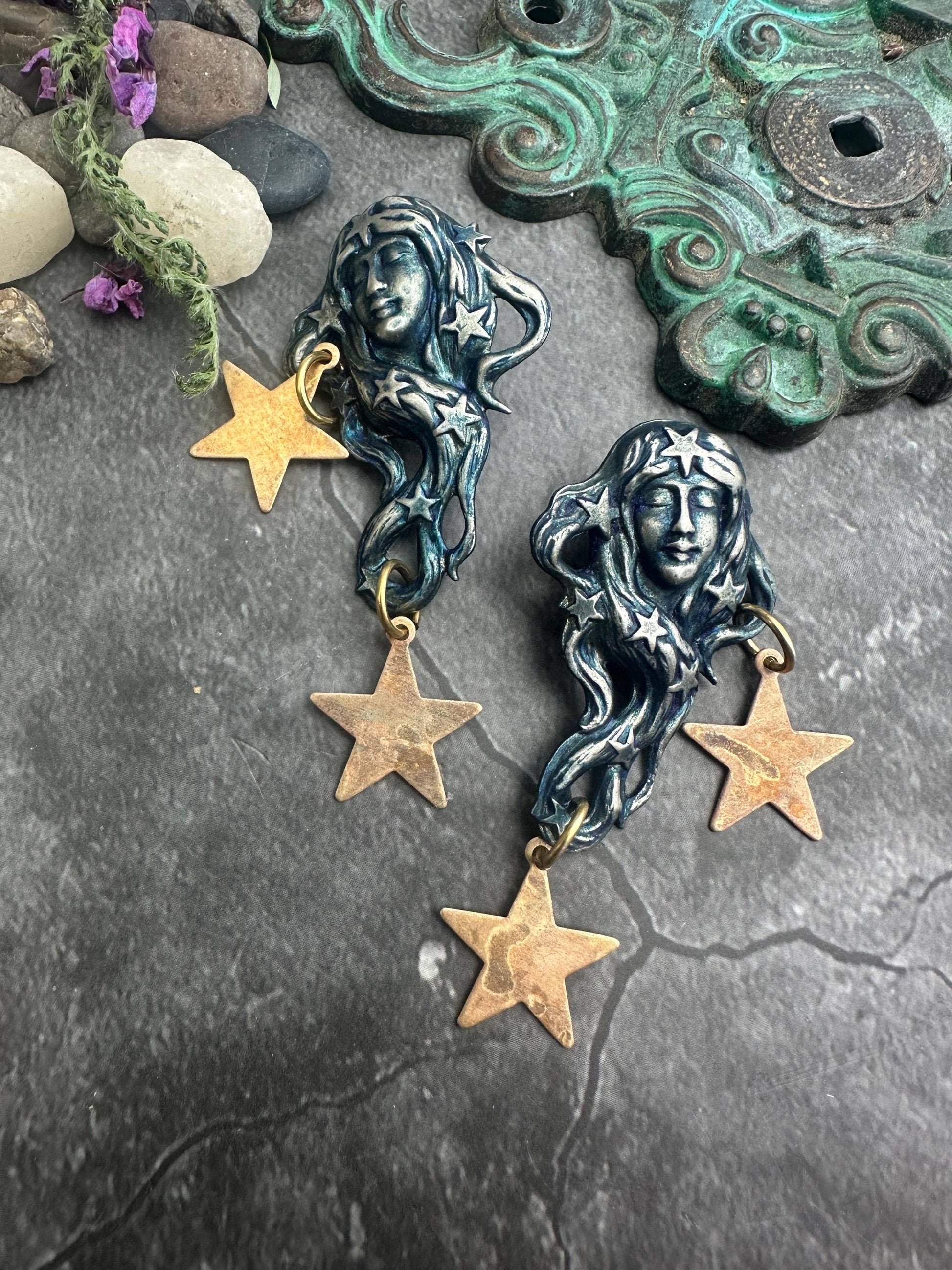 Star Maiden Earrings, Patina Face, Cosmic Goddess Statement